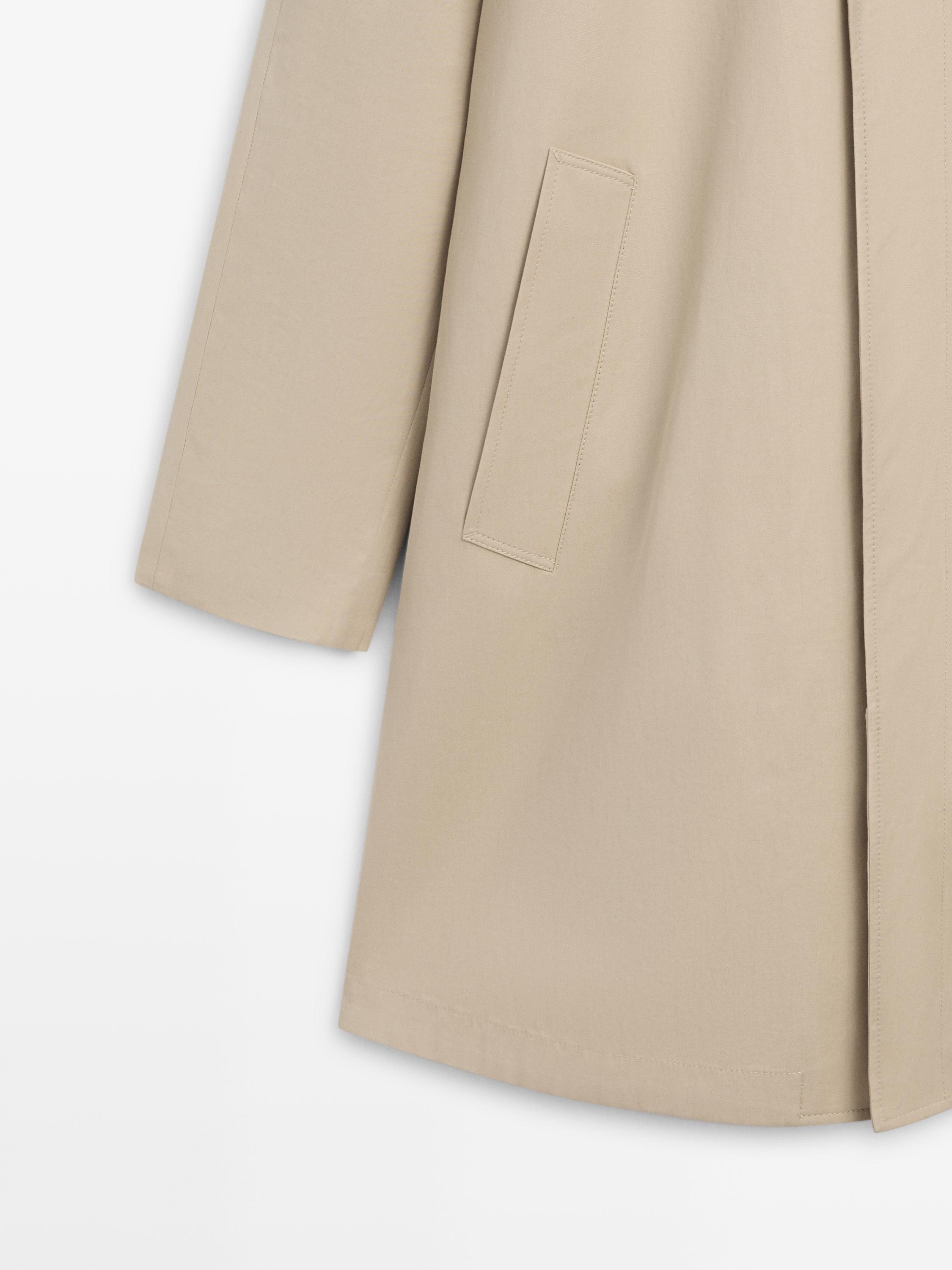 Check cotton trench coat with interior detail — BEIGE