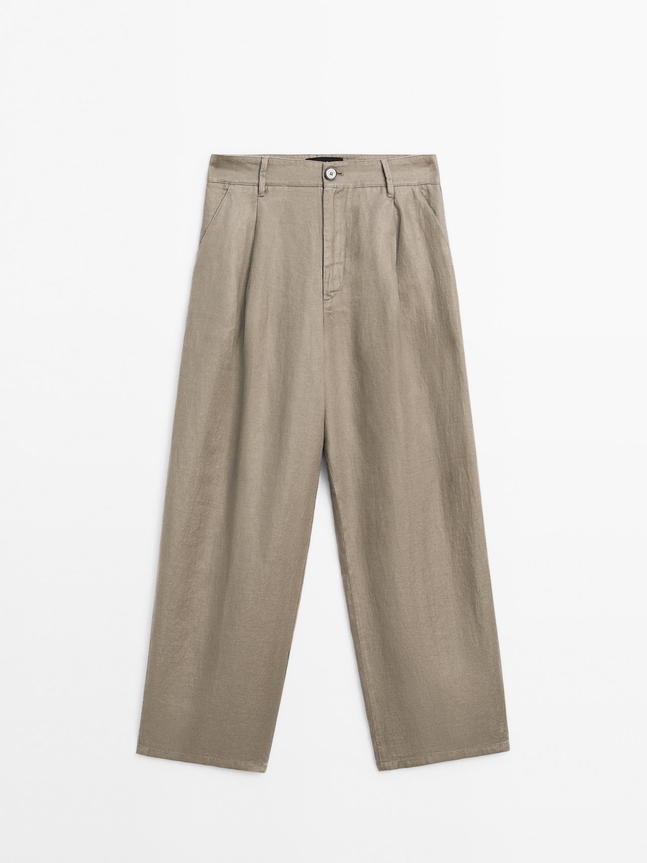 Massimo Dutti - Dame - Mid Waist Bukser I 100% Hør Med Brede Ben - Mulvarpegrå - 38