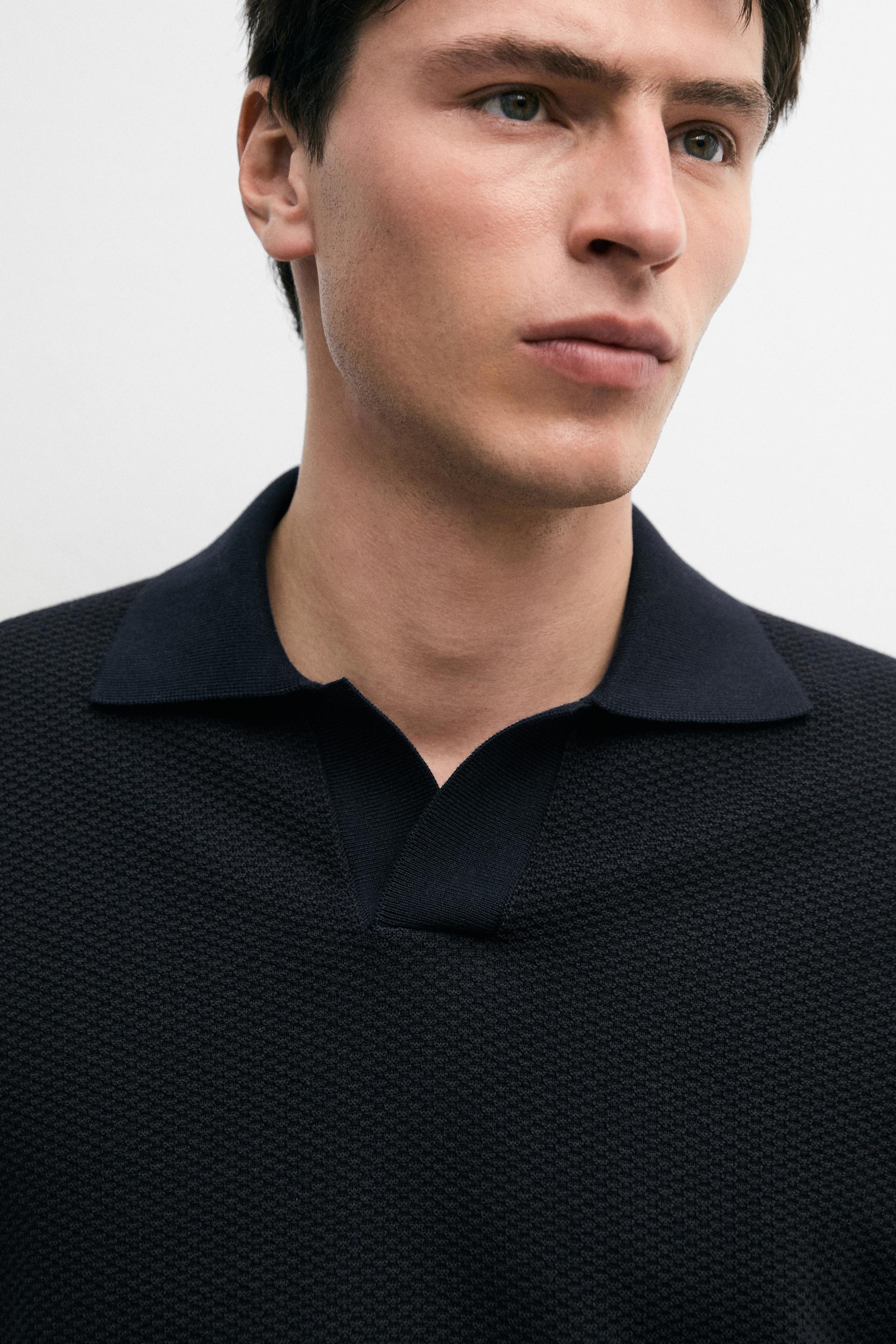 100% cotton textured knit polo sweater — NAVY BLUE