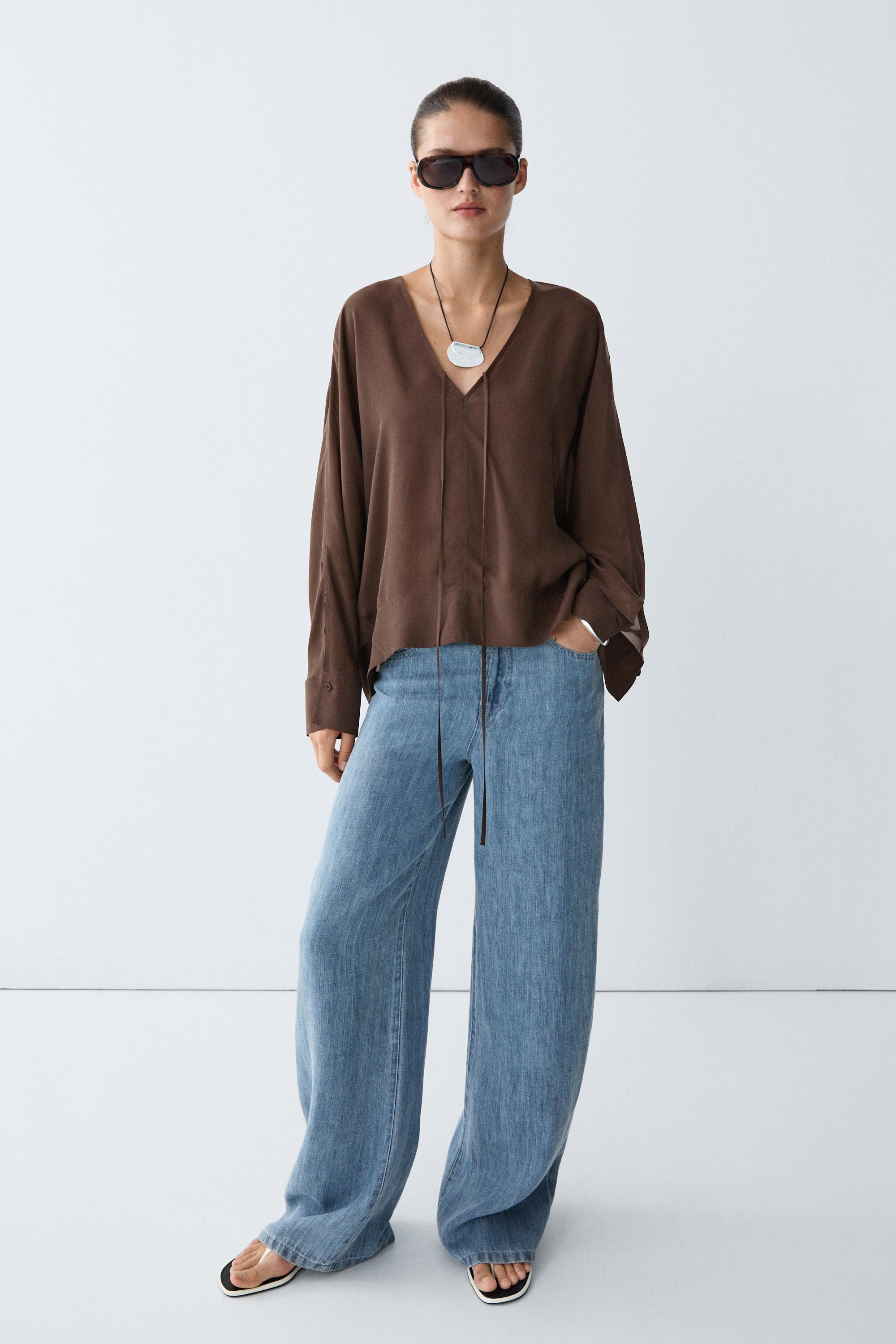 Fluid V-neck tie-front blouse — BROWN