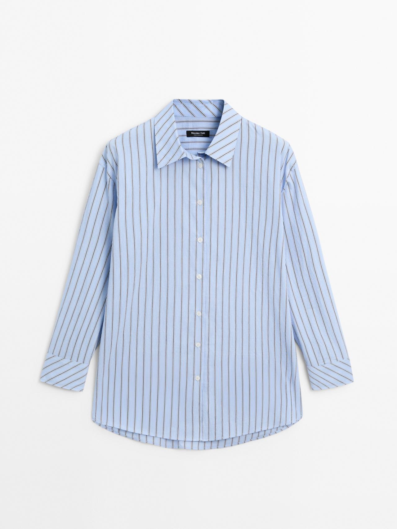 Massimo Dutti - Dame - Stribet Skjorte I Bomuldsblanding - Himmelblå - M