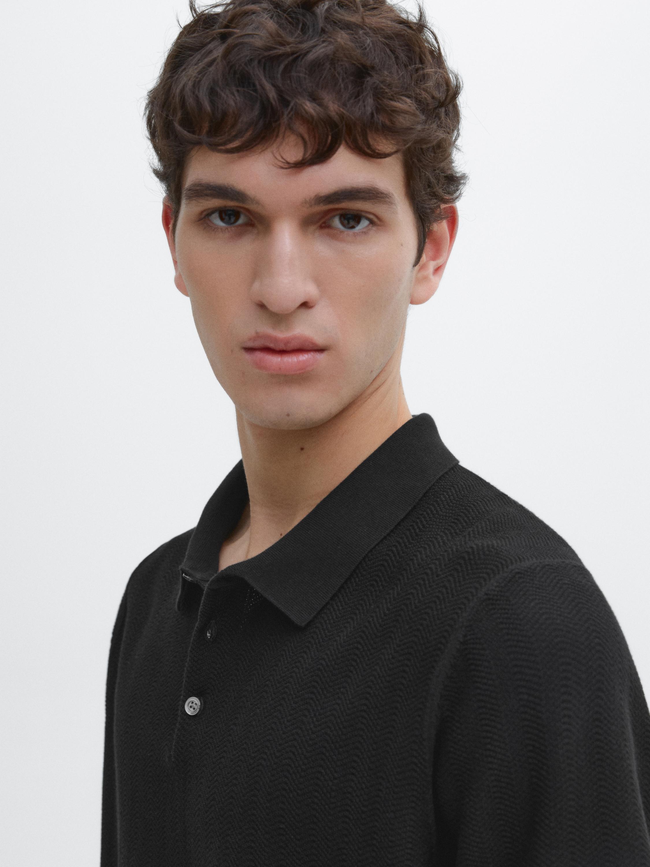 Cotton herringbone knit polo sweater