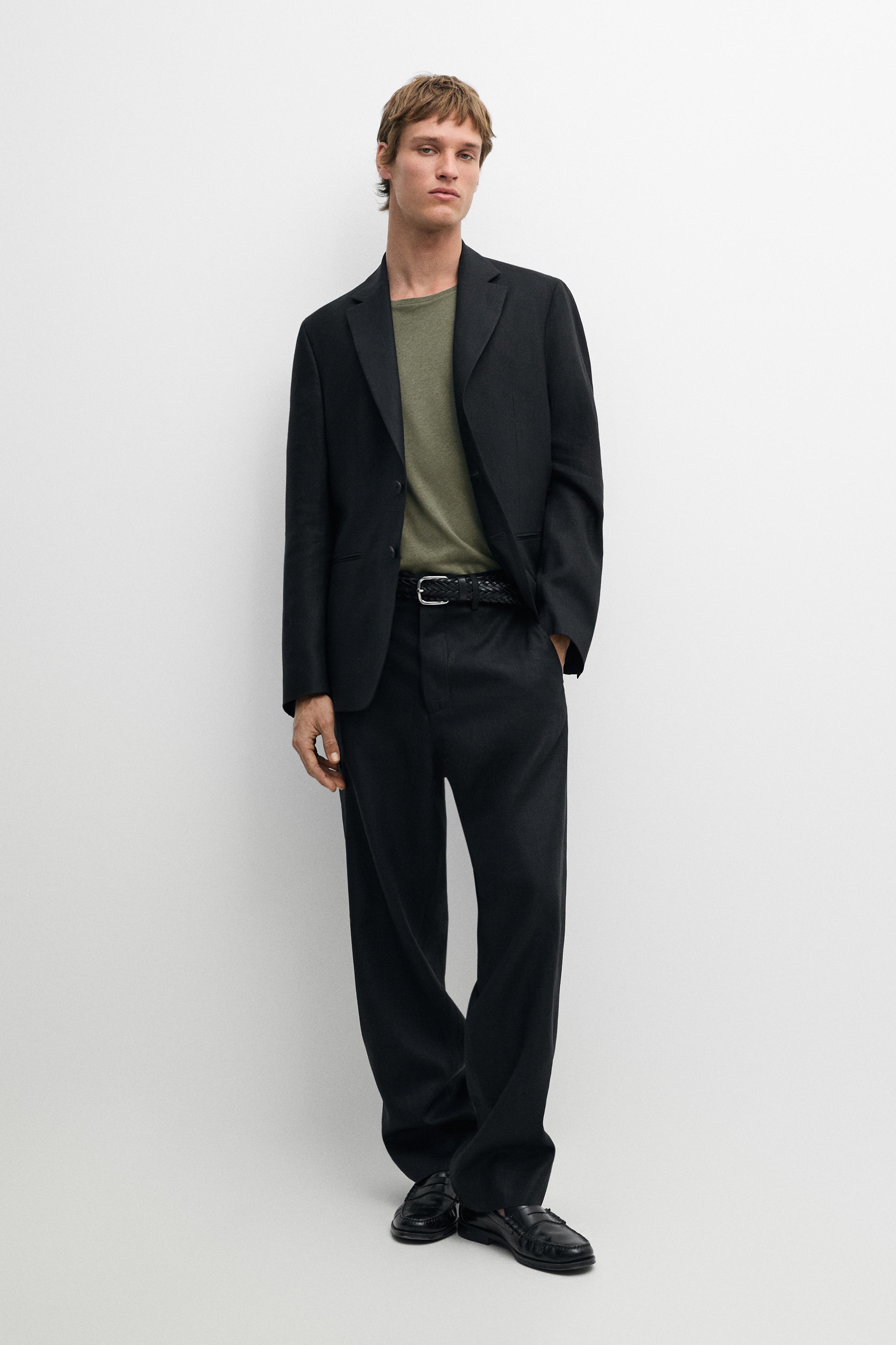 Tailored fit 100% linen suit blazer — BLACK
