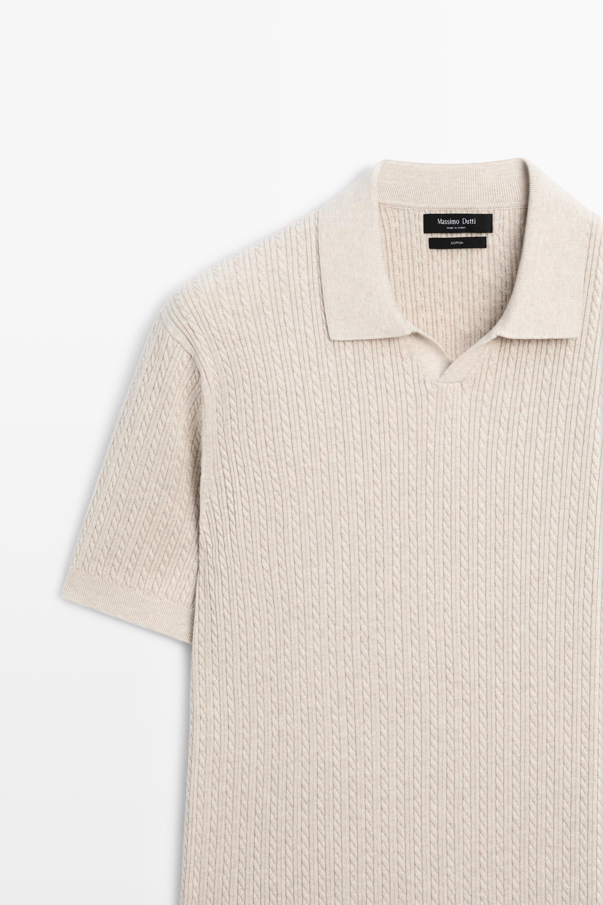 100% cotton cable-knit polo sweater — BEIGE