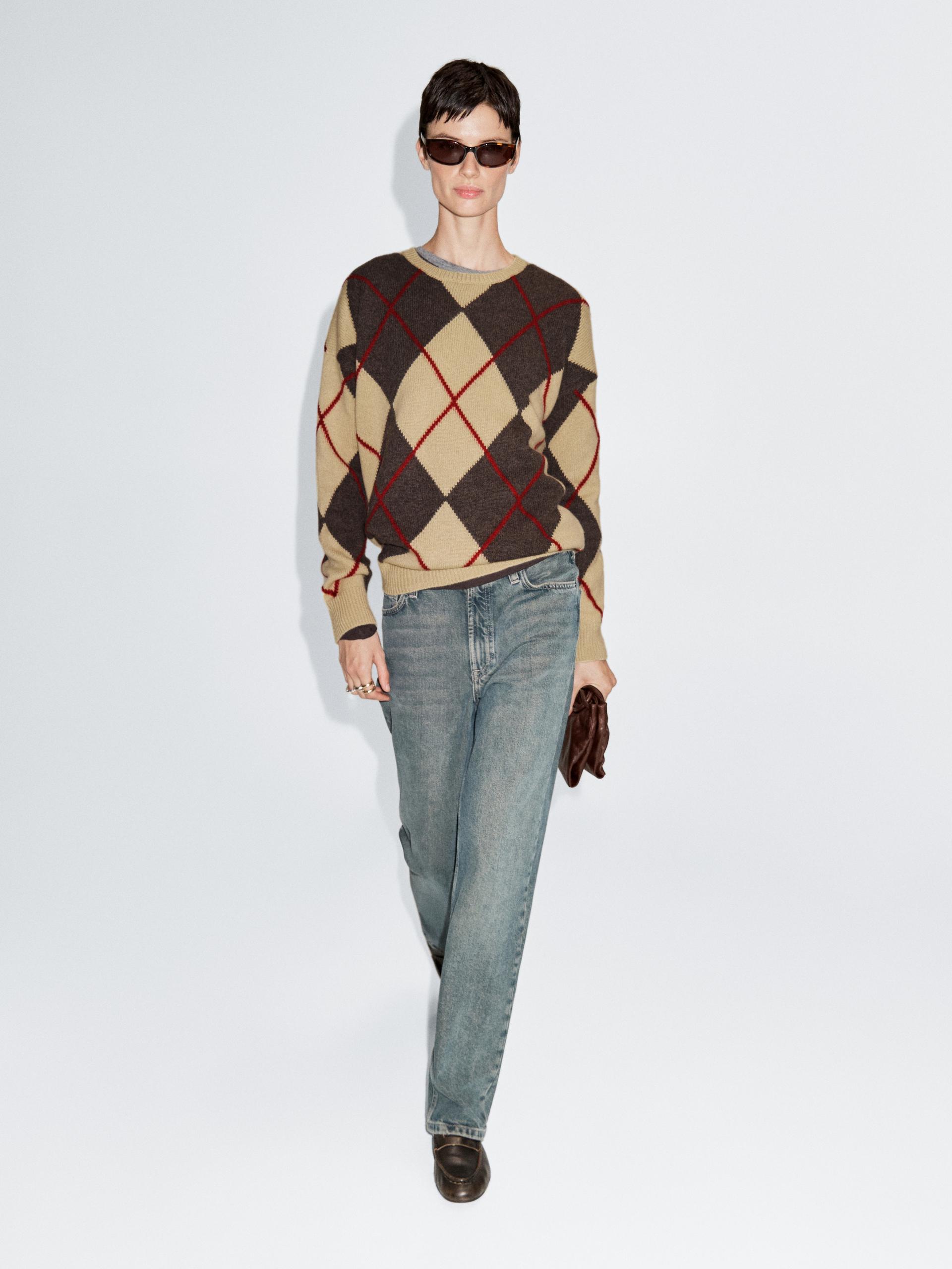 Sweter Z Mieszanki Wełny Z Rombem - Wielbłądzi - L - Massimo Dutti - Kobieta