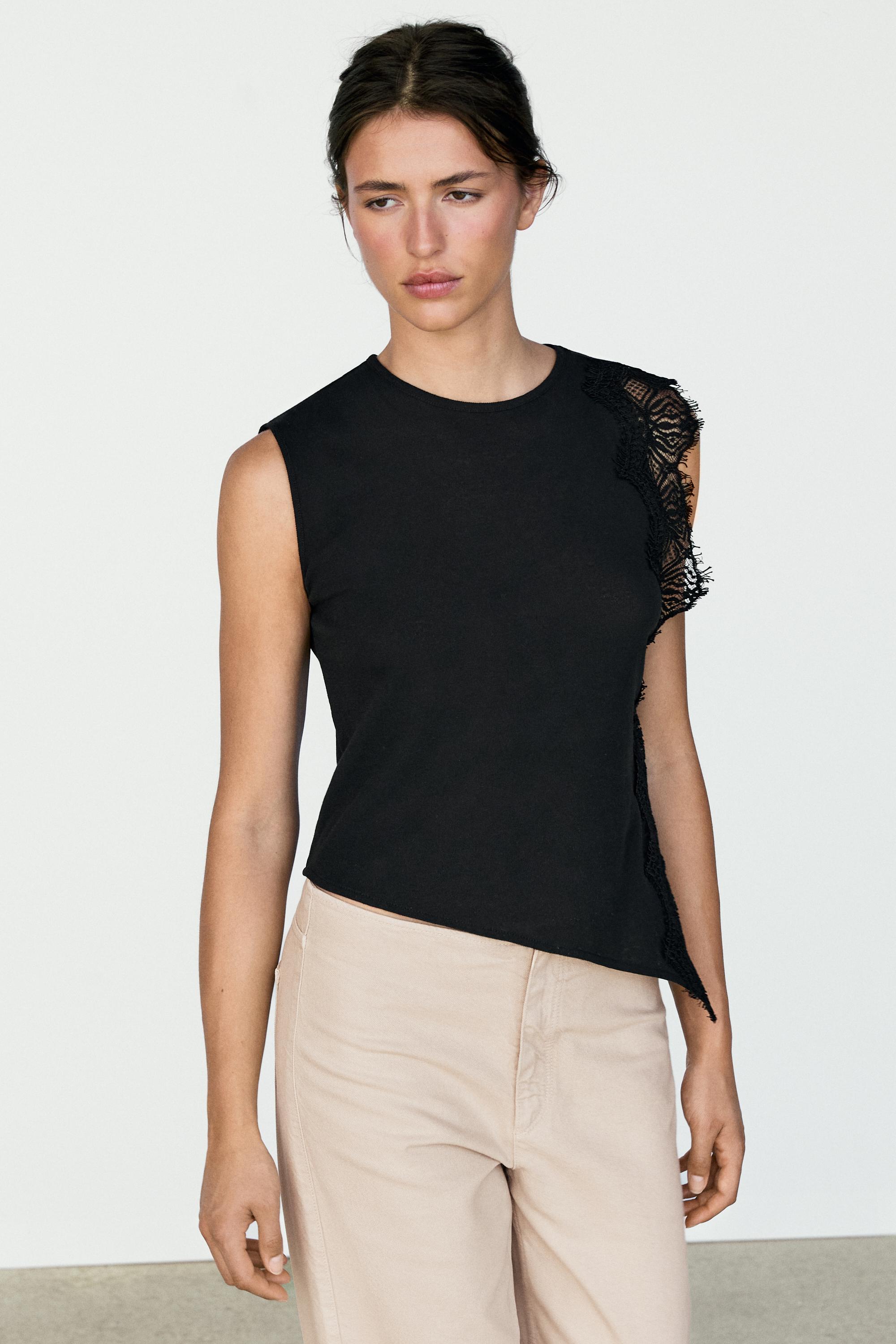 Sleeveless top with lace detail — BLACK