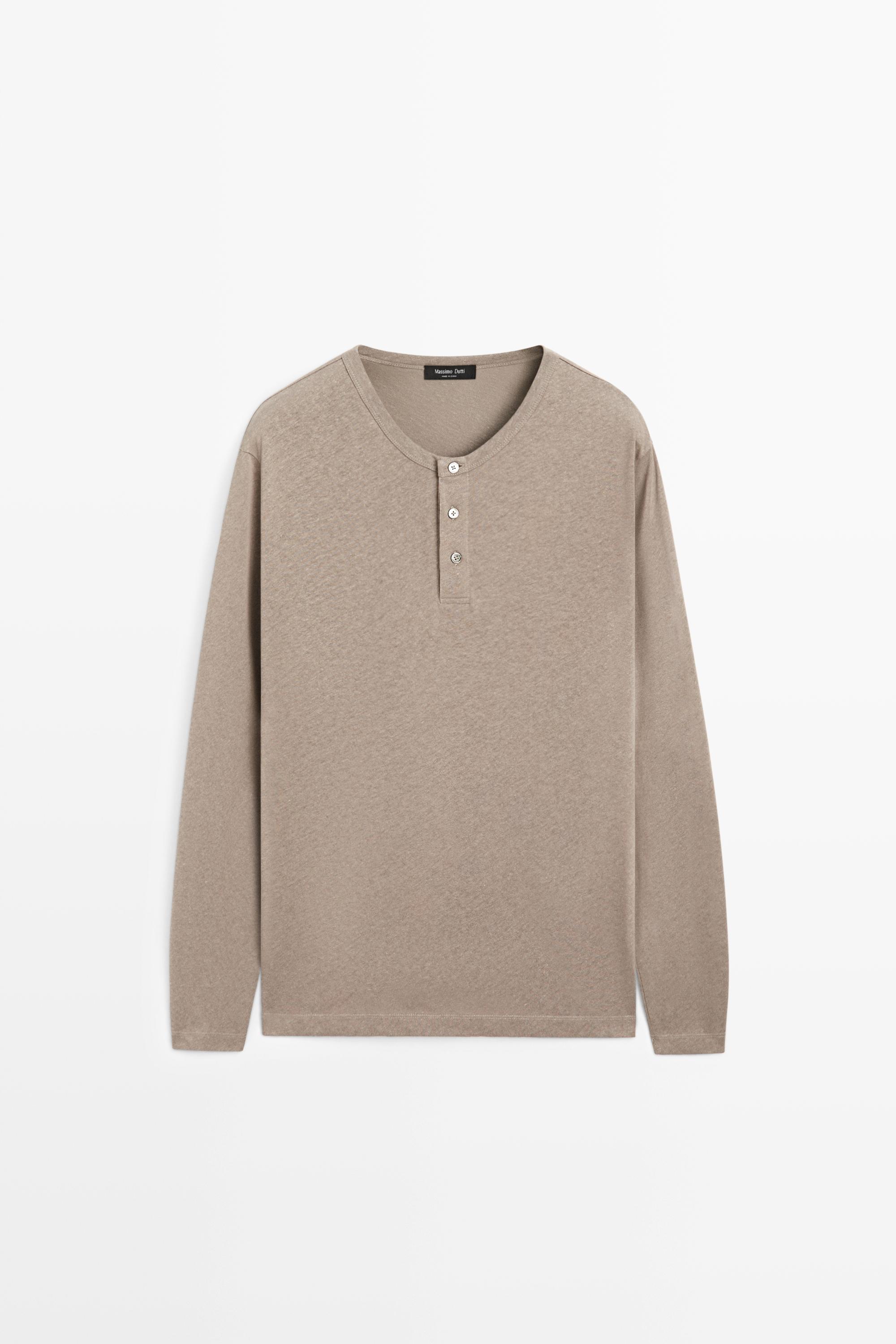 Long sleeve henley neck T-shirt — MOLE BROWN
