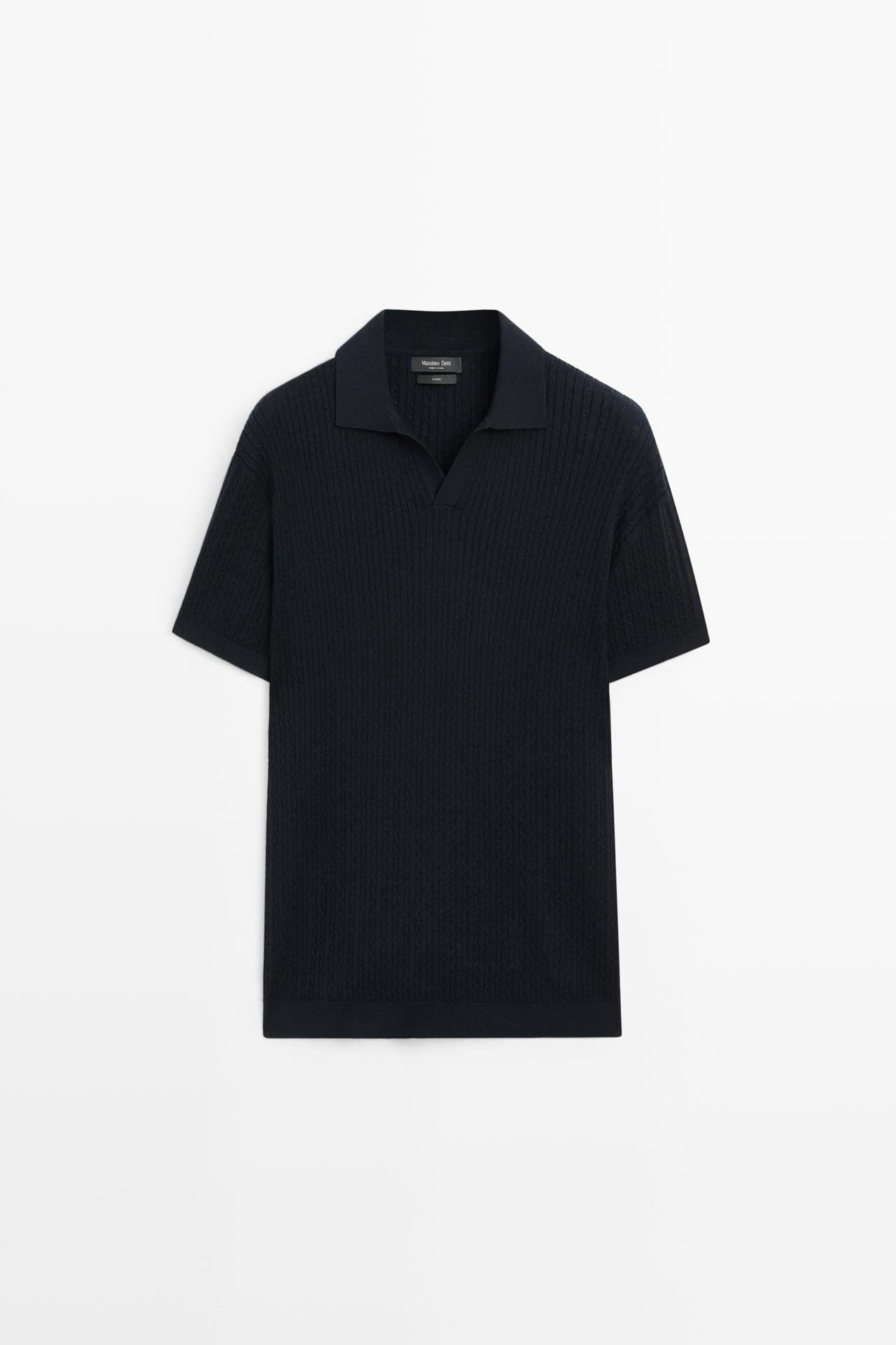 100% cotton cable-knit polo sweater — NAVY BLUE