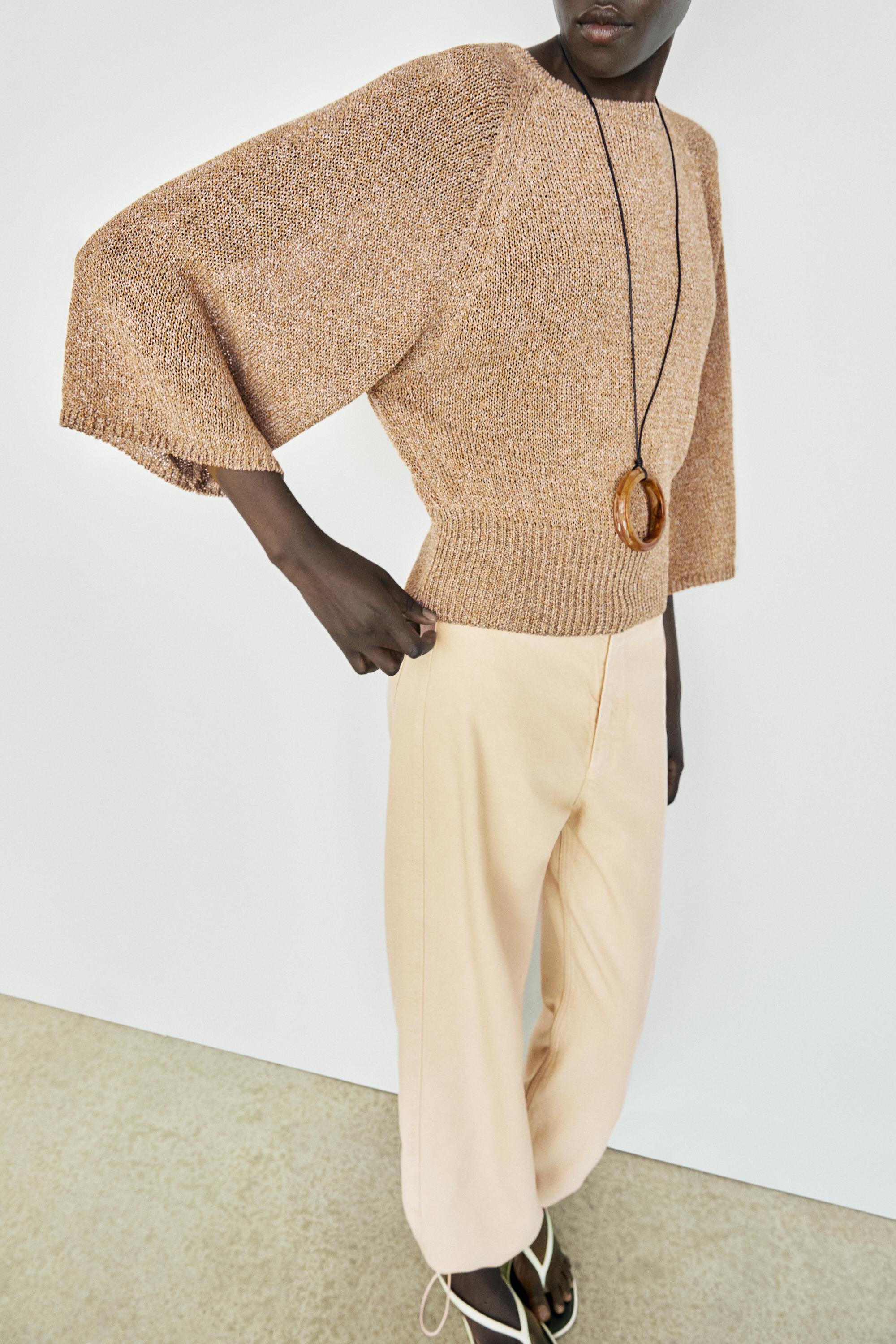 Cotton blend heathered knit sweater — Tobacco brown
