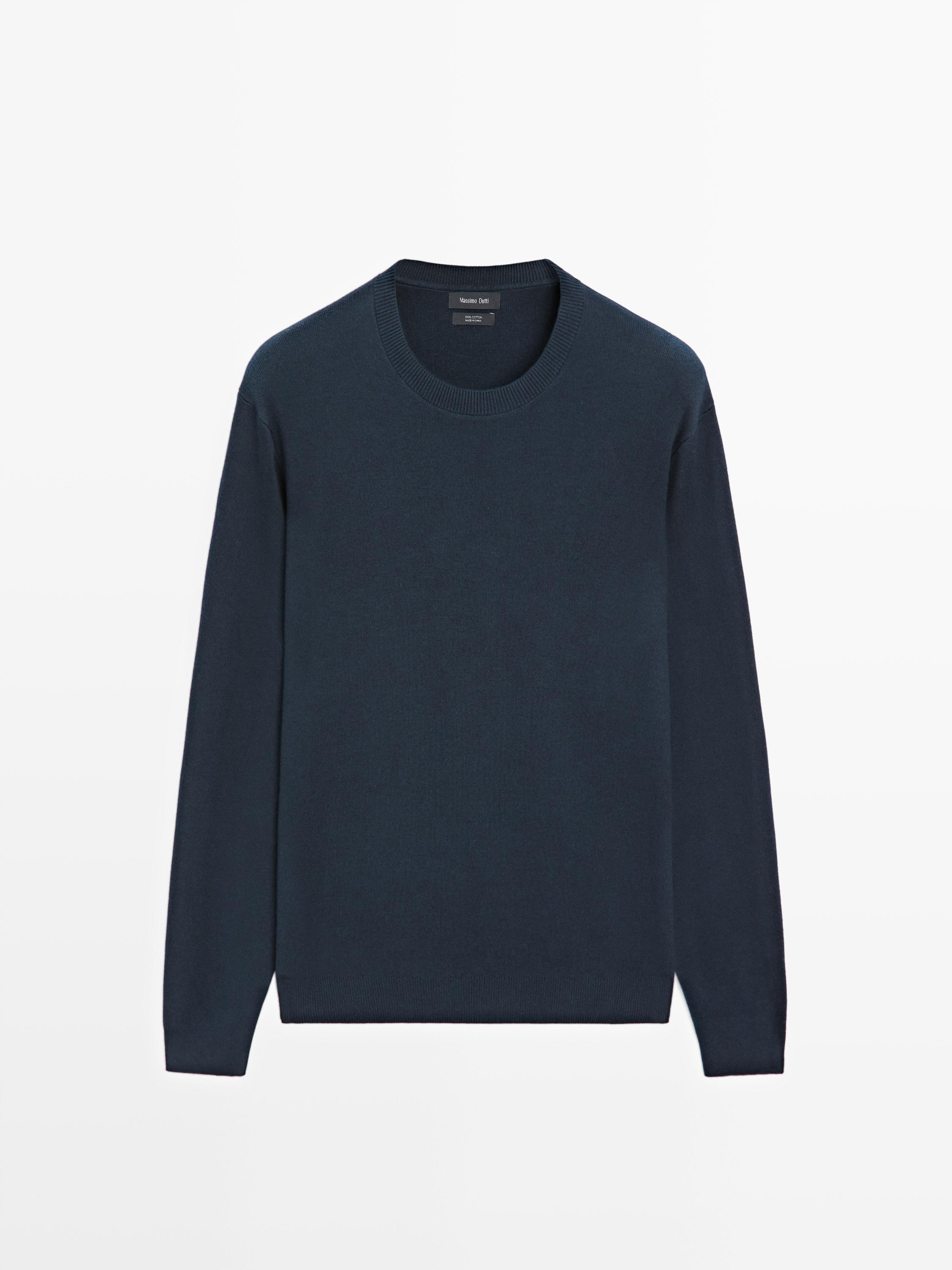 Knit 100% cotton crew neck sweater — NAVY BLUE