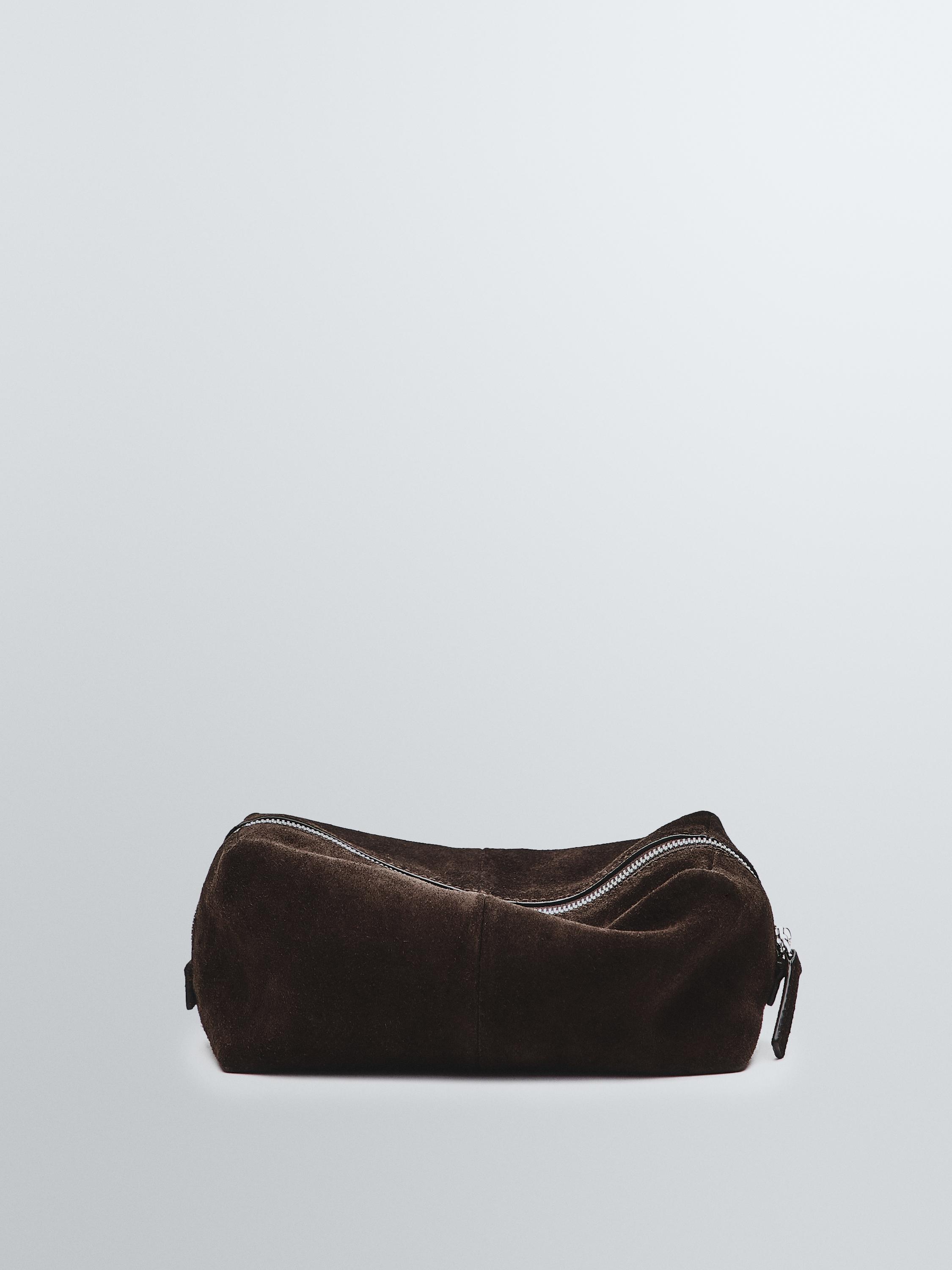 Suede leather toiletry bag with zip — BROWN