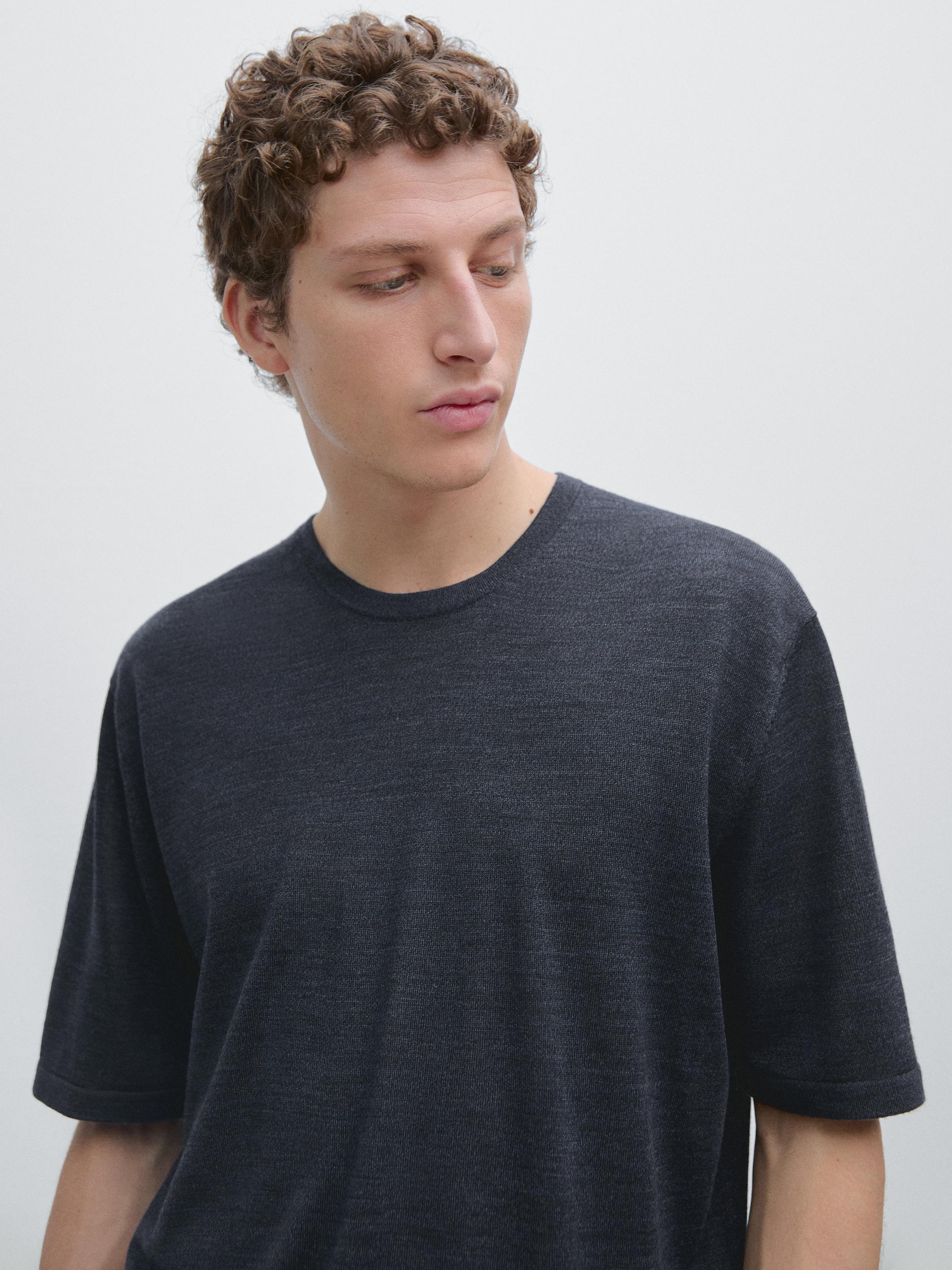 Wool-blend short-sleeve knit sweater — DARK NAVY