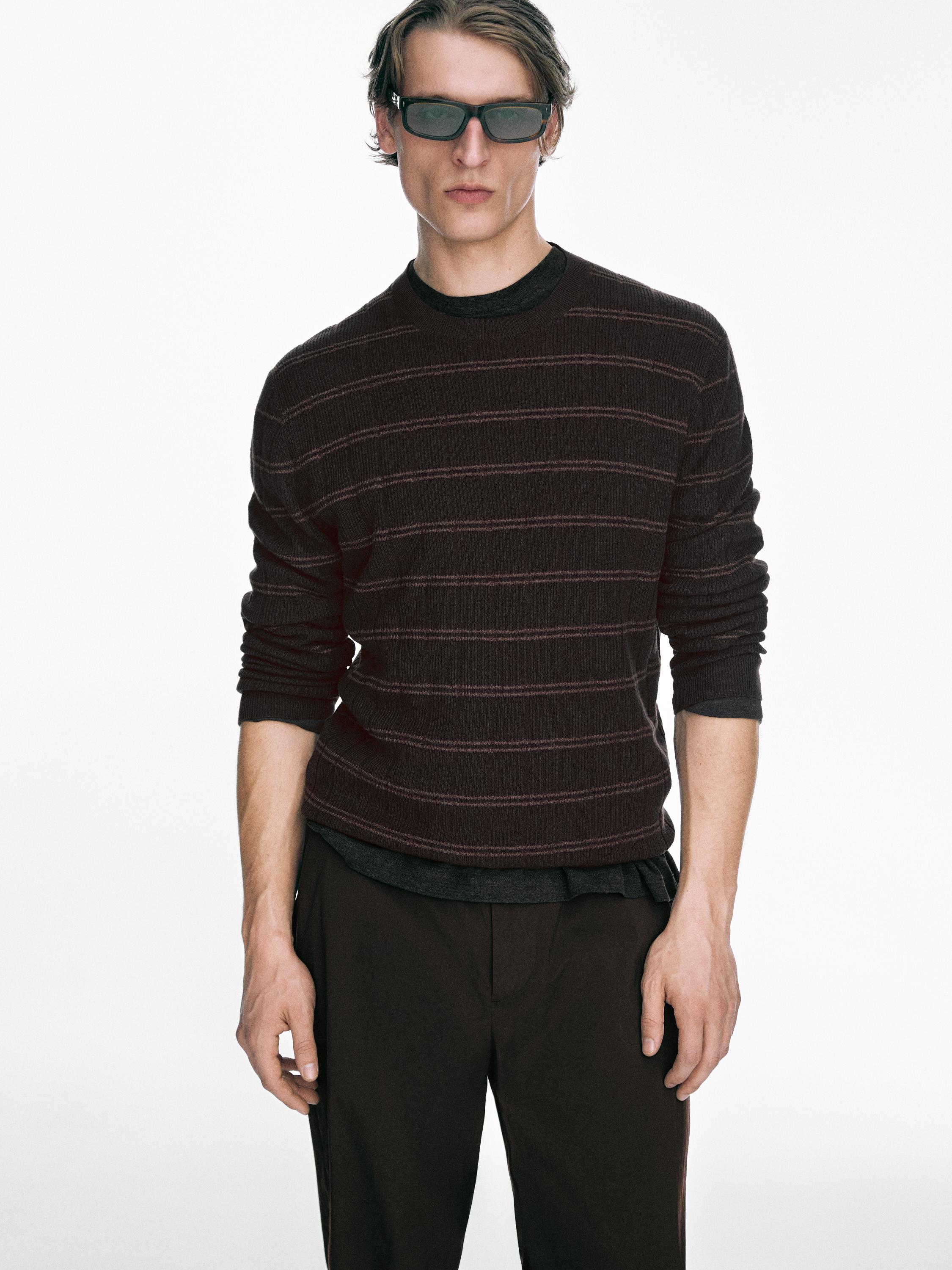 Striped knit crew neck sweater — BROWN