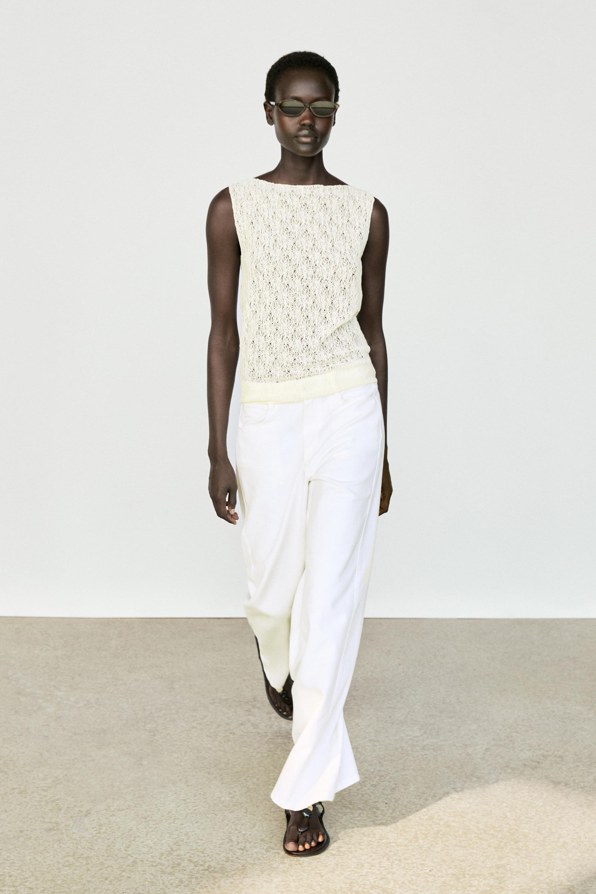 Sleeveless open-knit top — CREAM