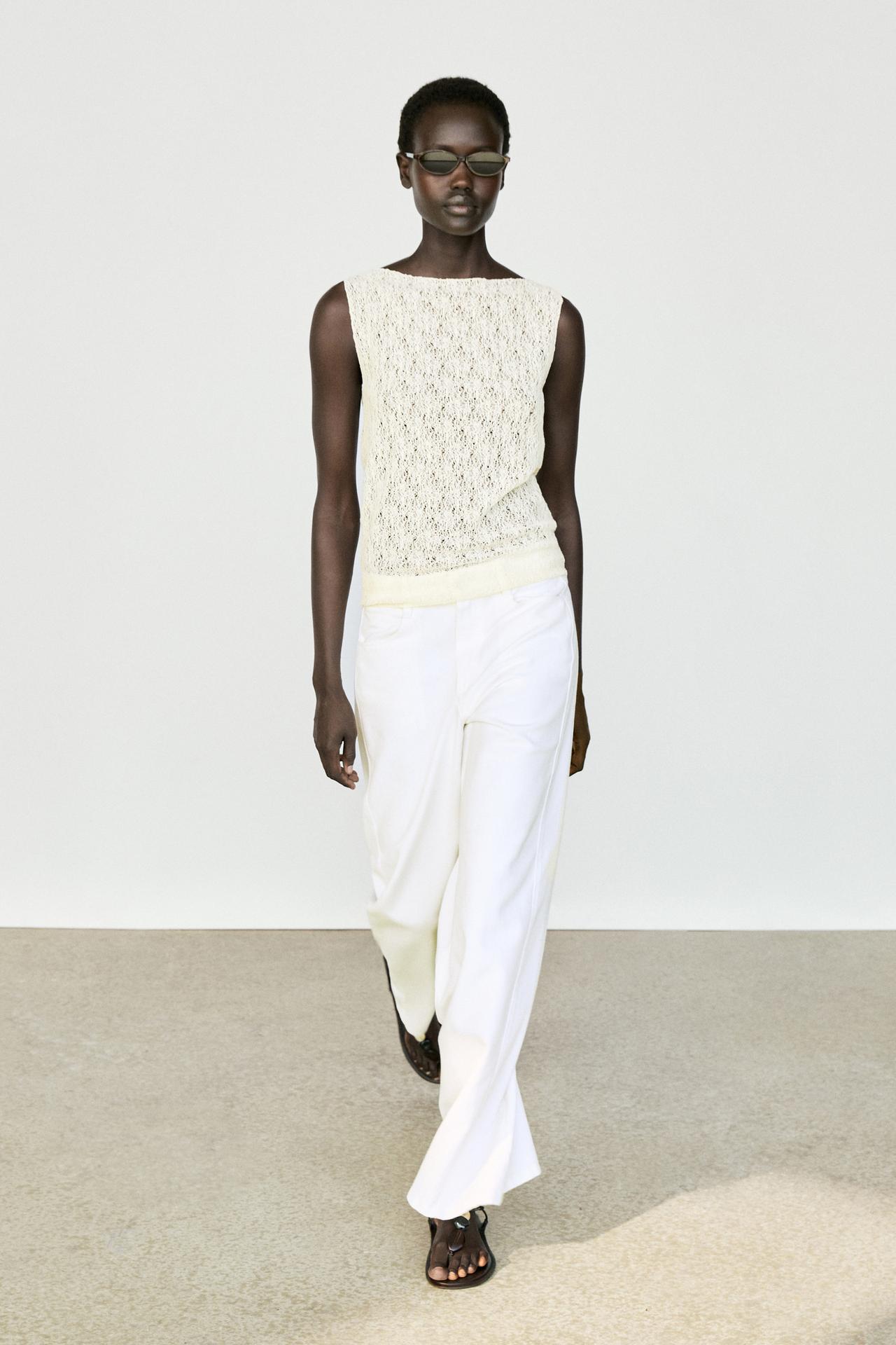 Sleeveless open-knit top — CREAM