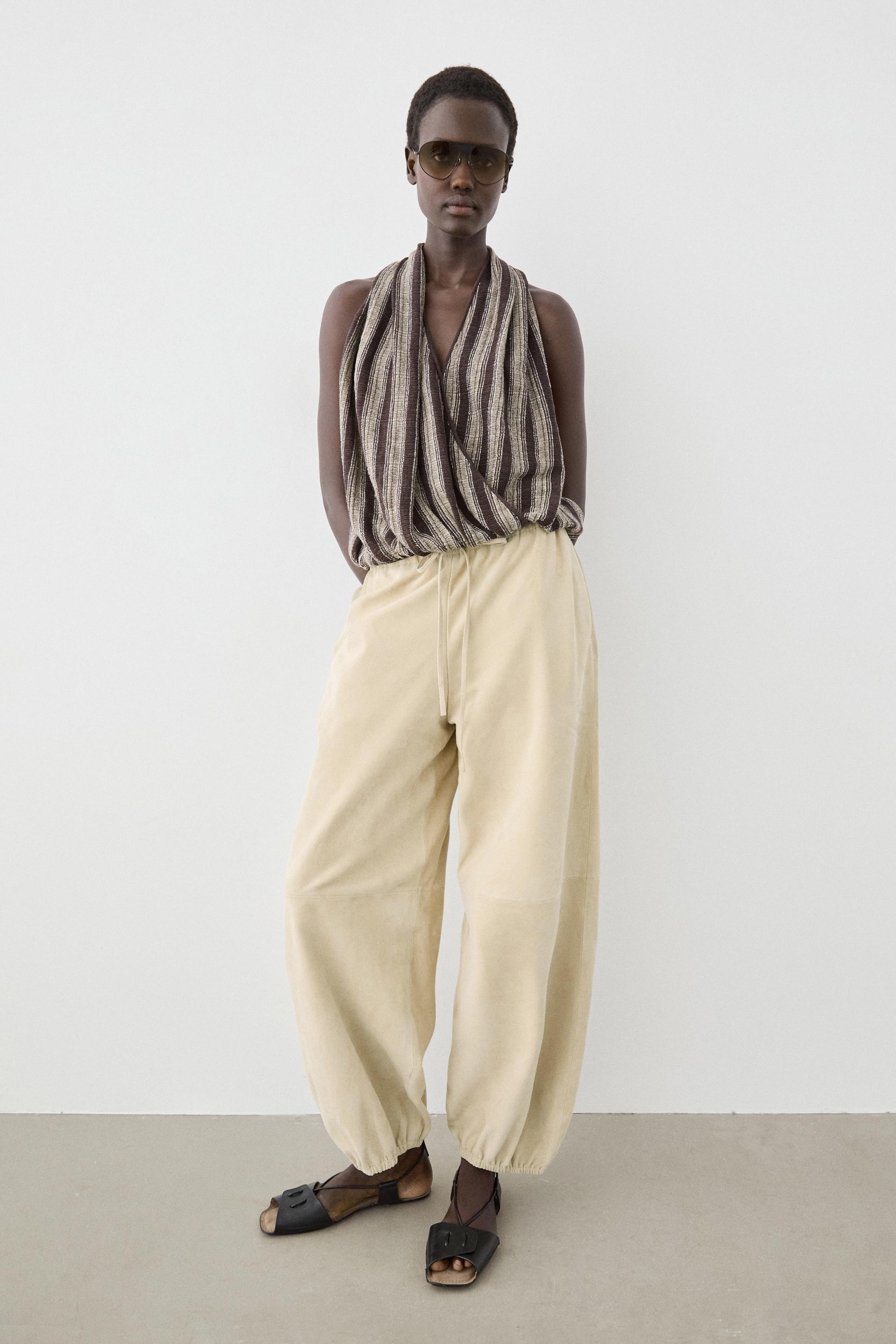 Surplice top with striped detail — BROWN