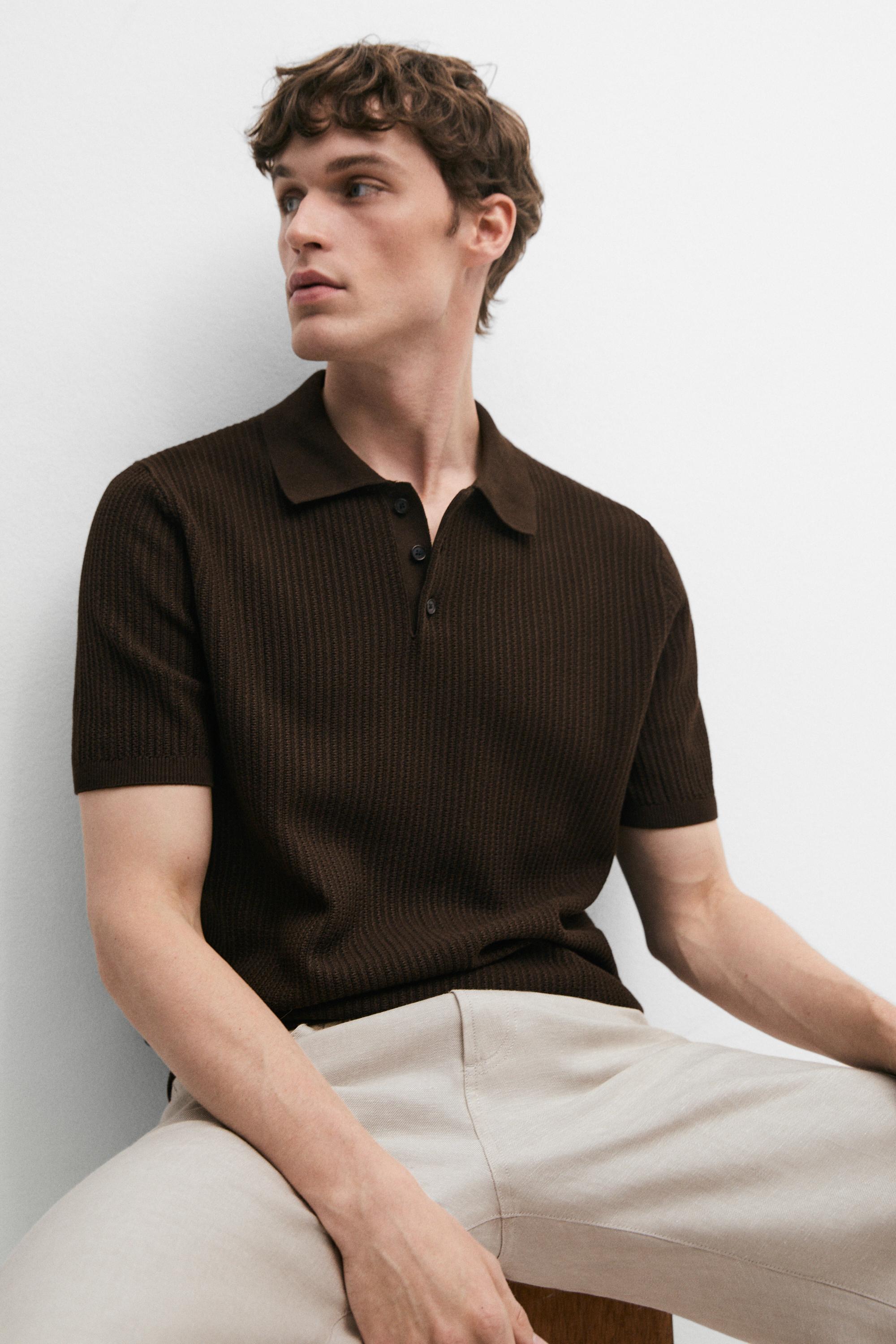 100% cotton textured knit polo sweater — BROWN MARL