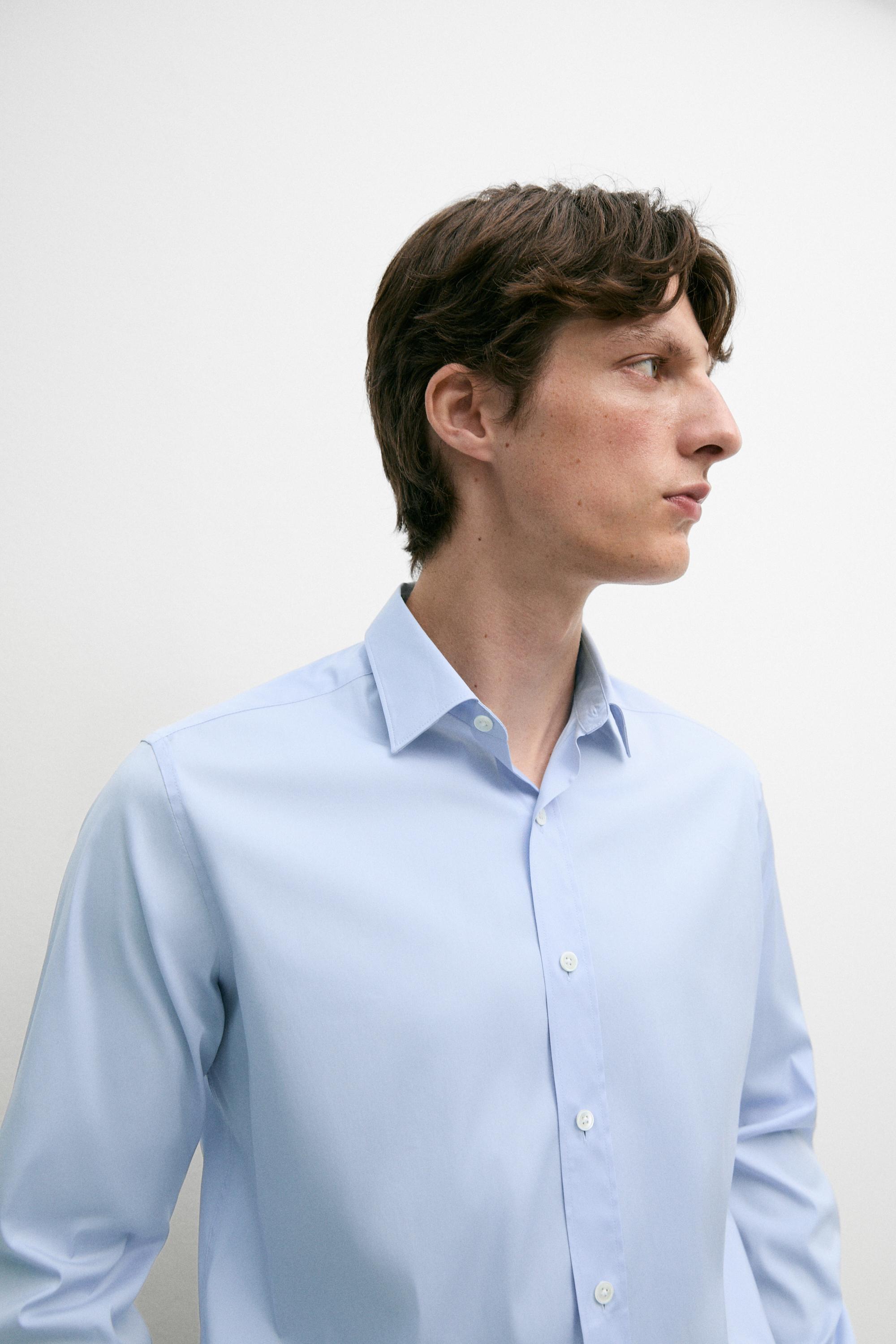 Slim fit stretch cotton blend shirt — Sky blue