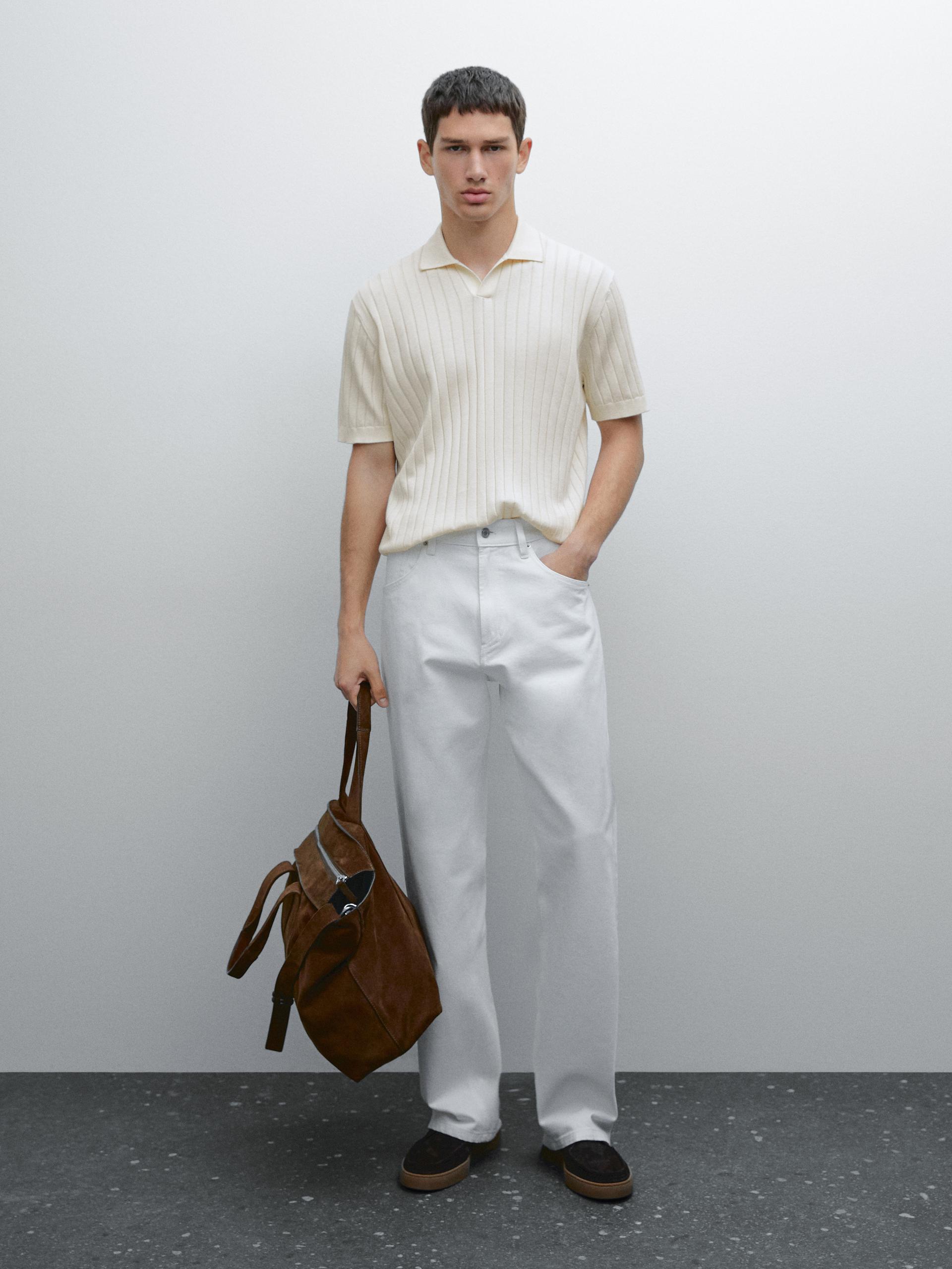 Koszulka Polo Z Prążkowanej Dzianiny - Surowy - S - Massimo Dutti - Mężczyzna