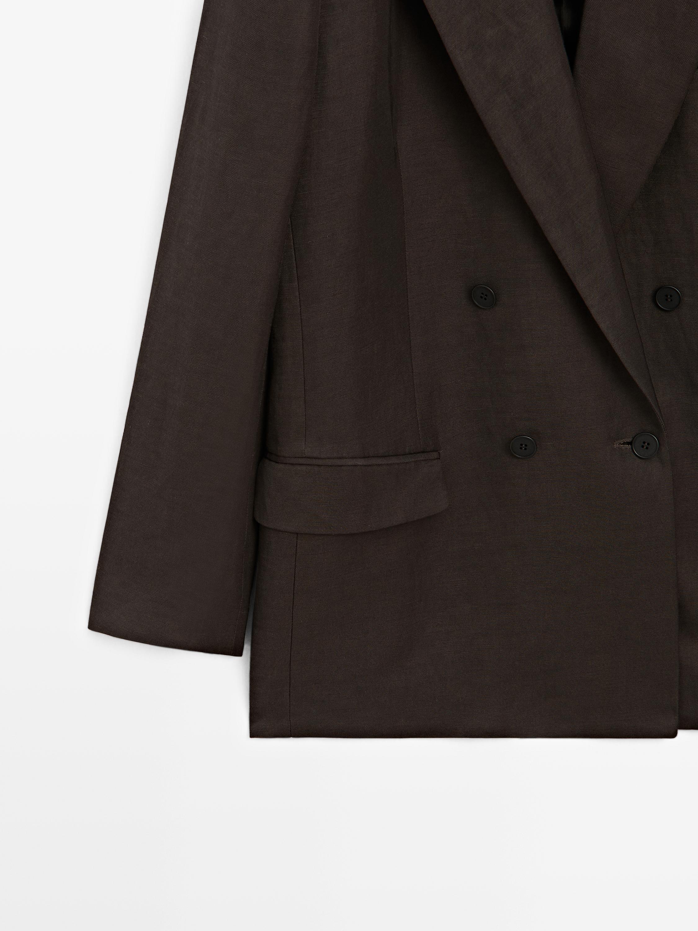Double-breasted linen blend blazer - STUDIO — BROWN