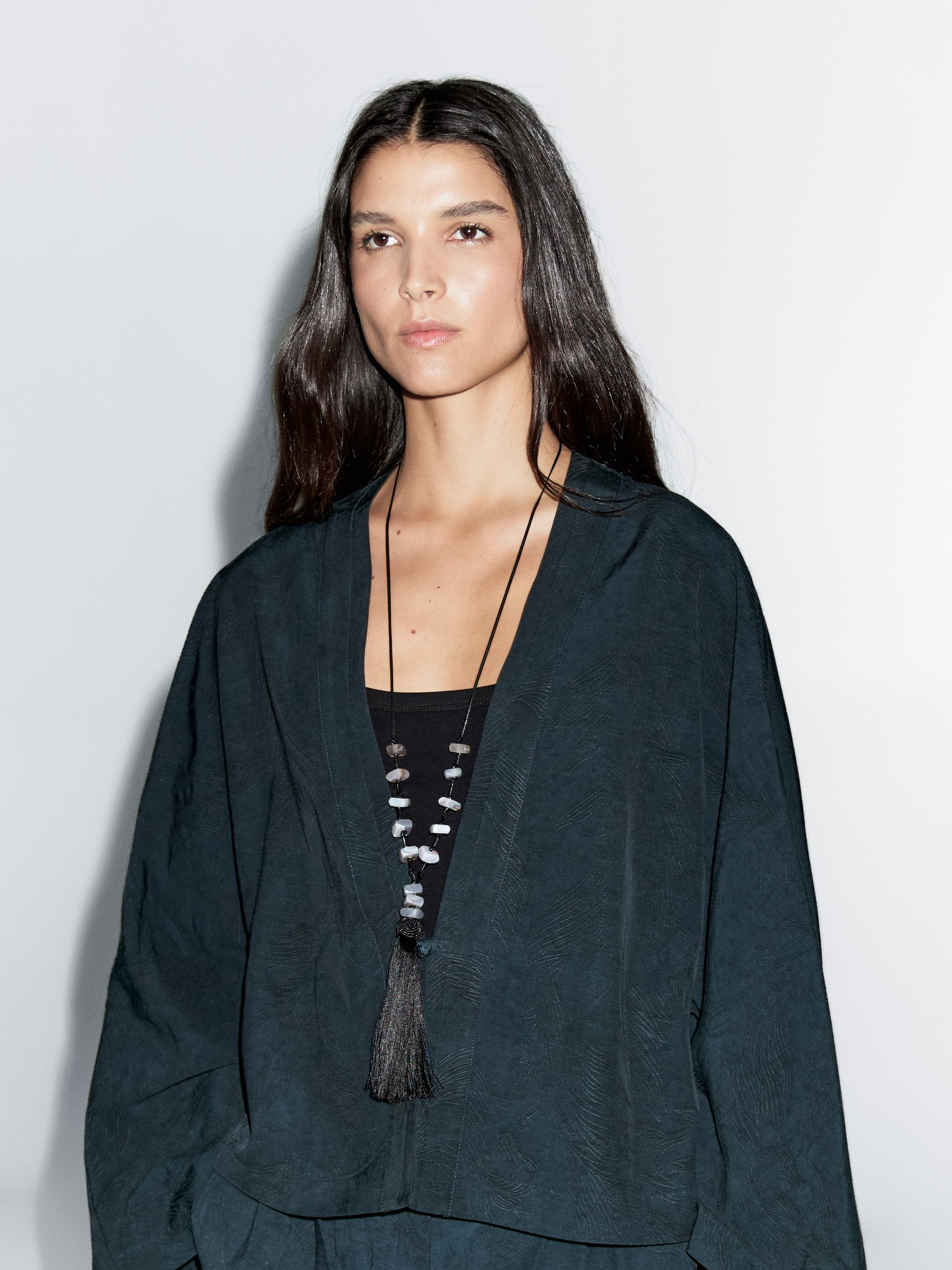 Flowing jacquard kimono with rhinestone button