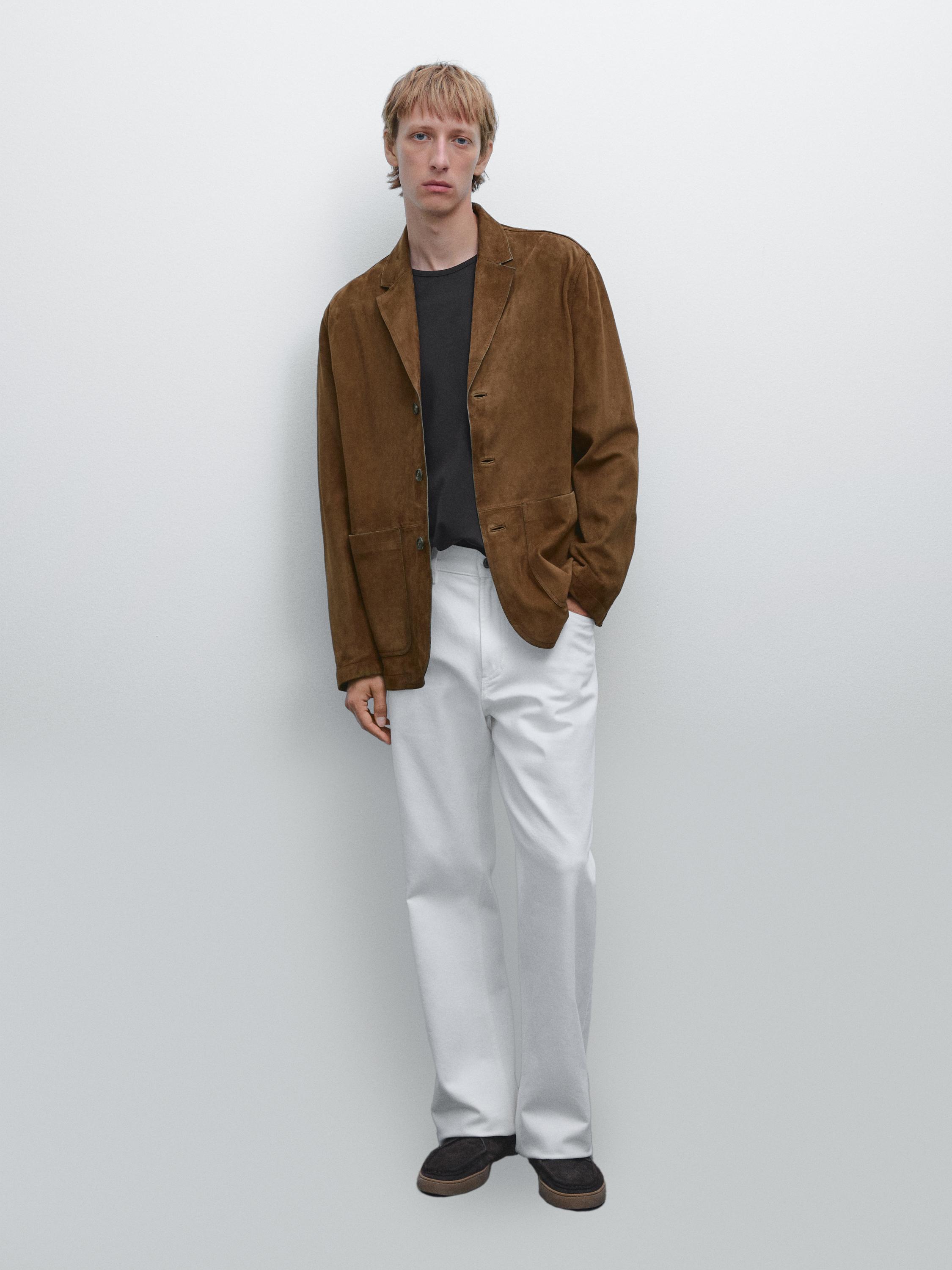 Suede leather blazer with topstitching