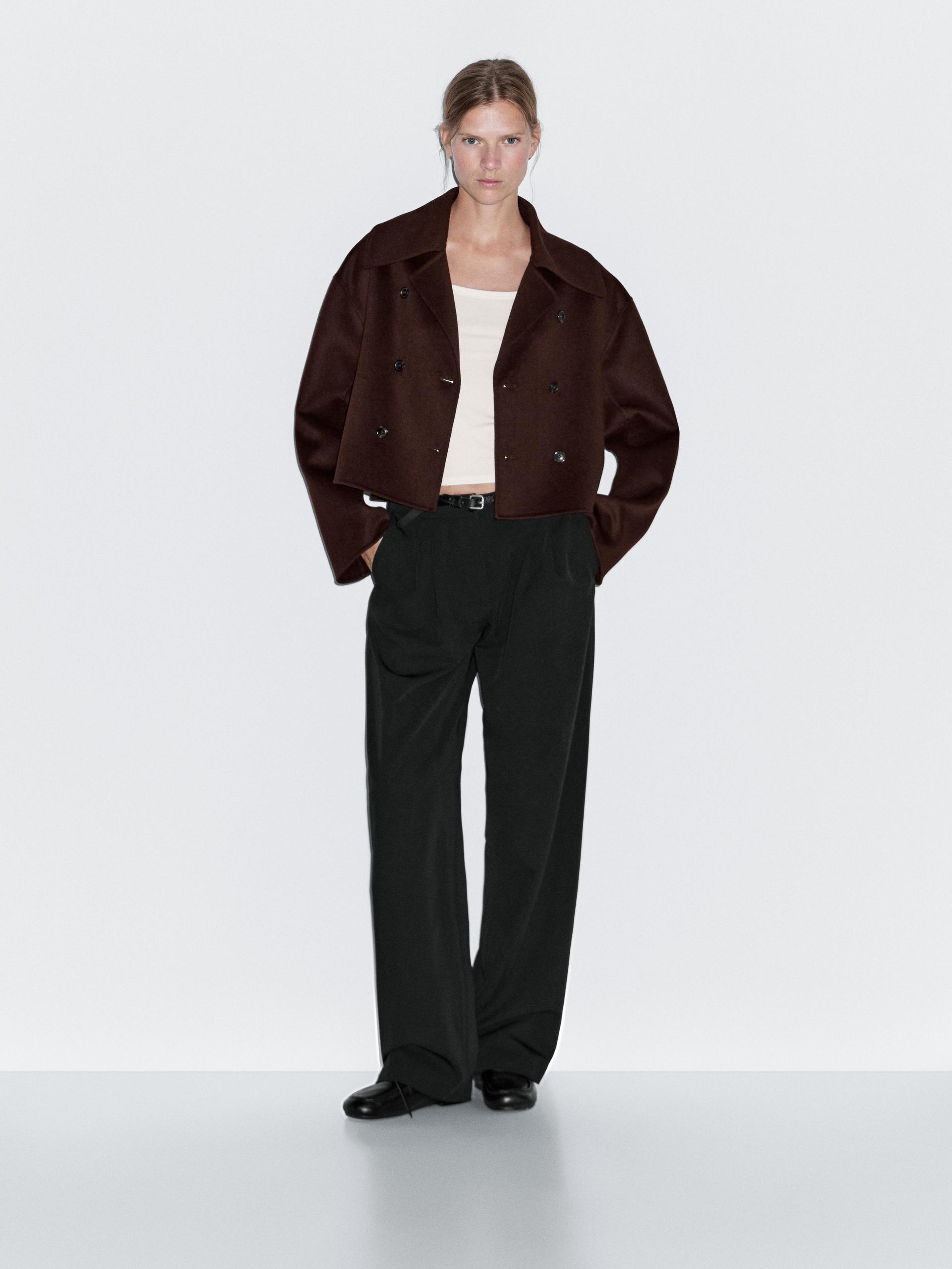 Manteau Court En Laine Mélangée - Grenat Sombre - Xs - Massimo Dutti - Femme