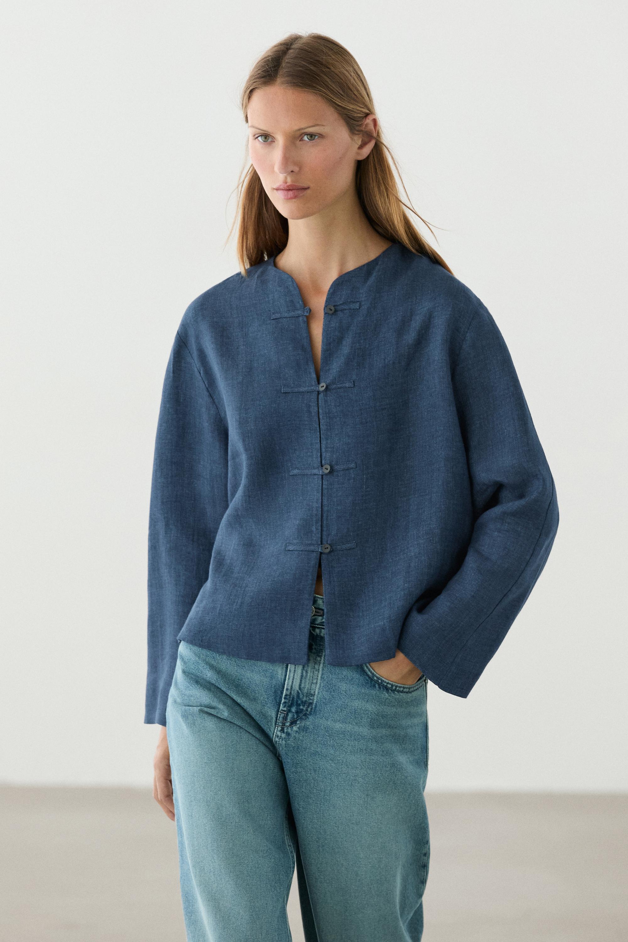 100% linen overshirt with toggle details — BLUE