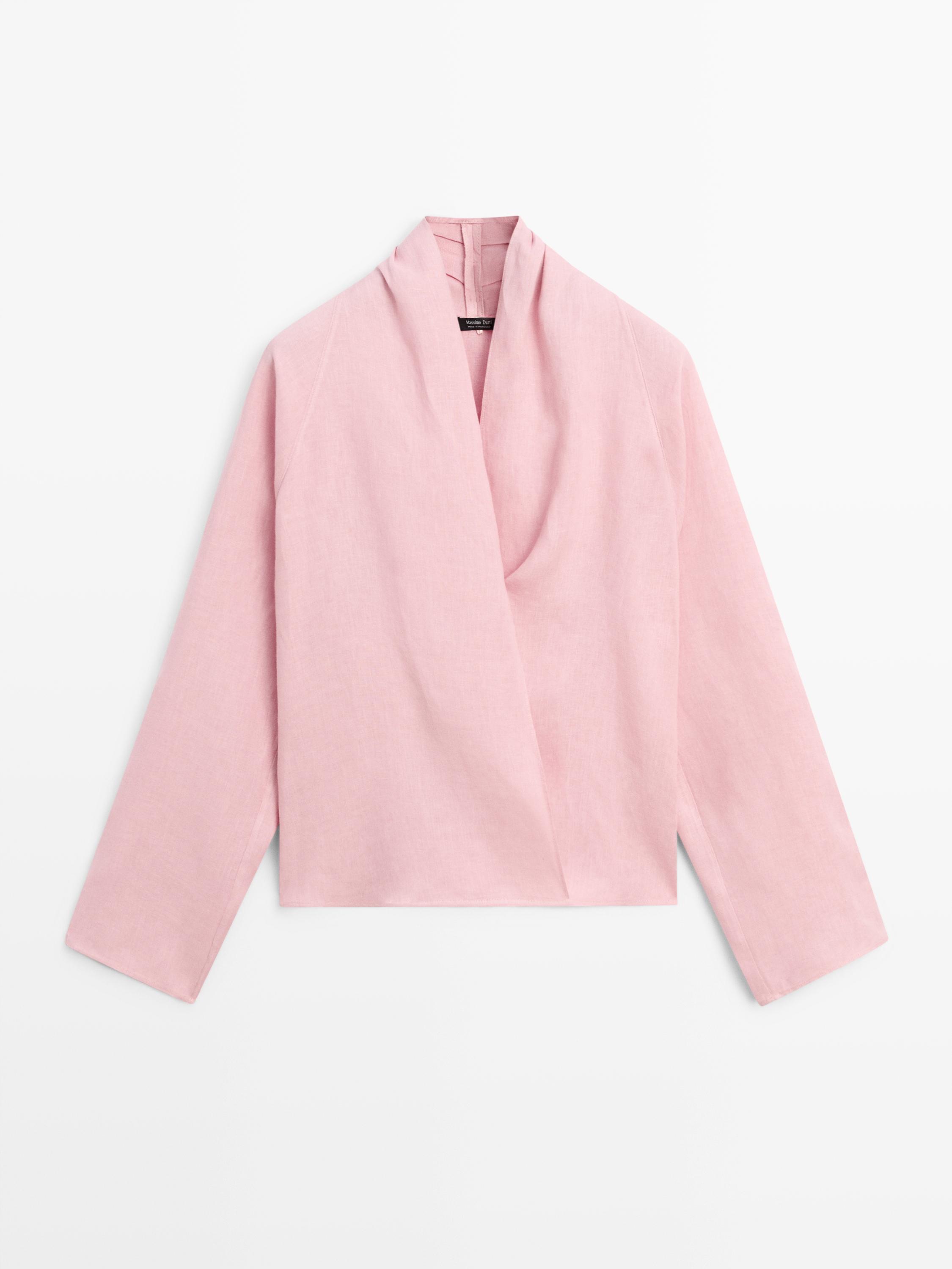 بلوزة كتان فضفاضة بتصميم متقاطع