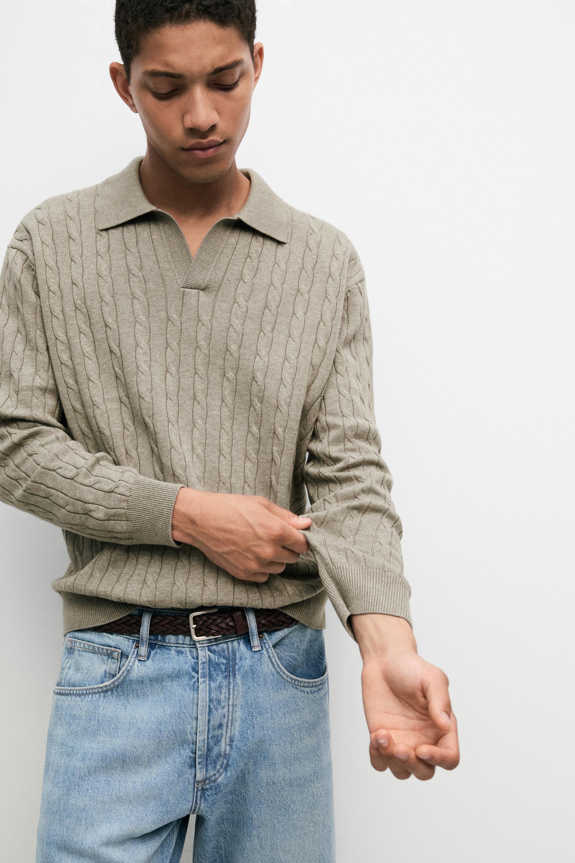 100% Cotton Cable-Knit Polo Sweater — Greyish green