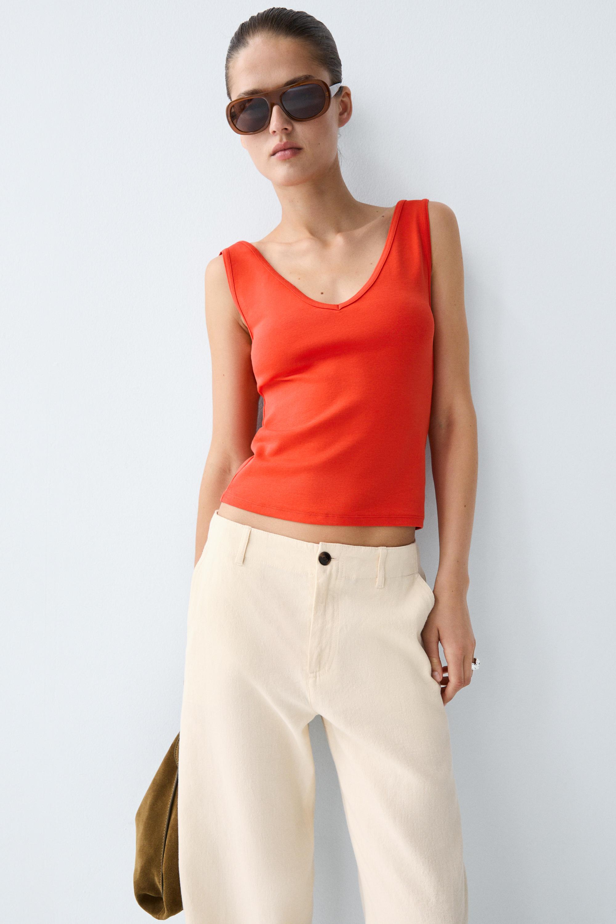Cotton blend strappy top — CORAL