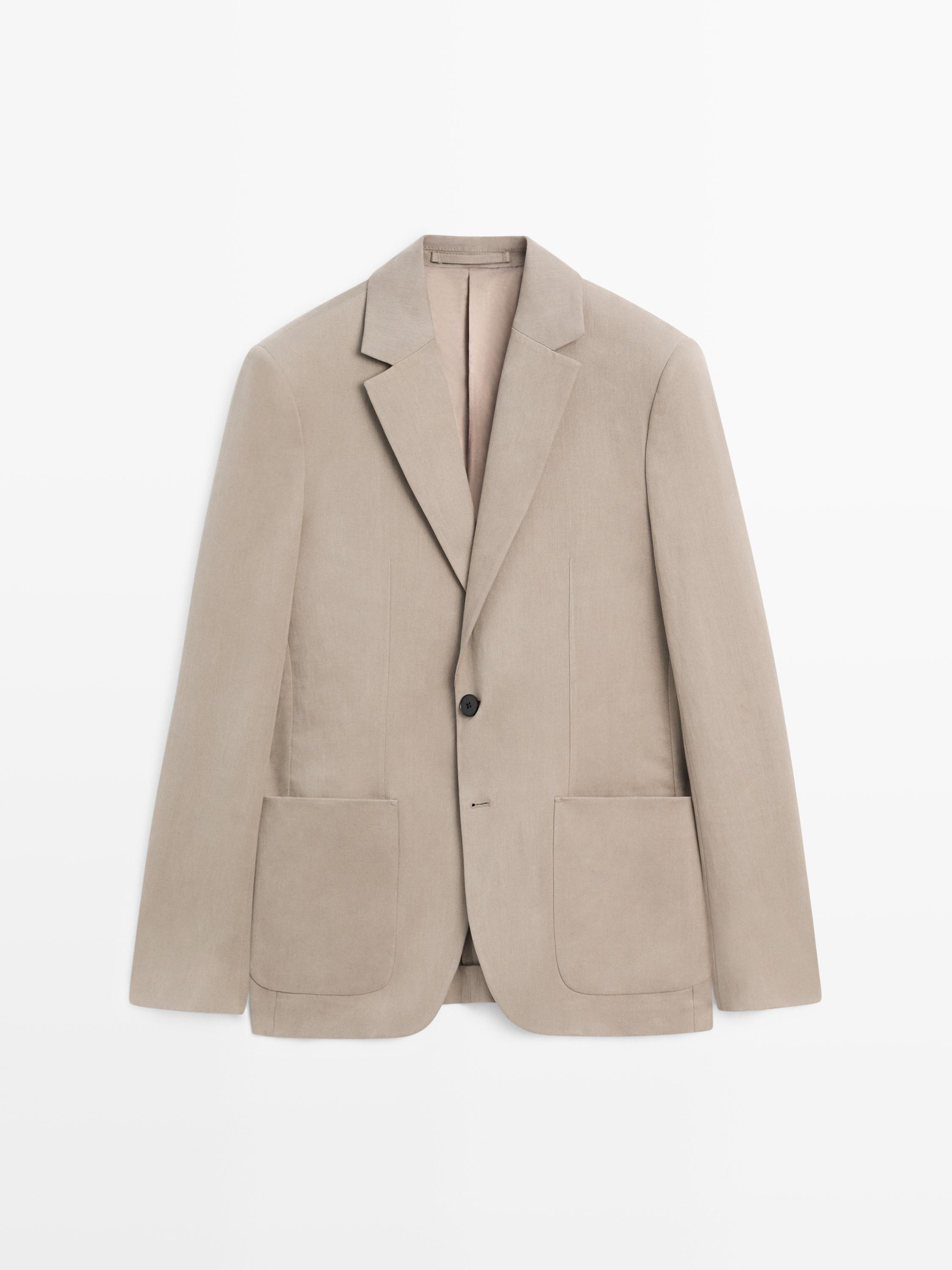 100% linen tailored blazer with pocket details — BEIGE