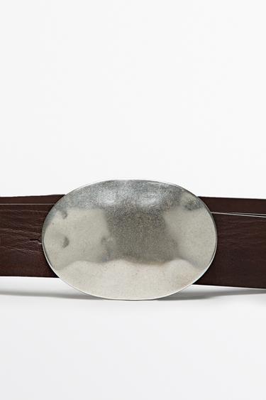 Oval textured buckle Nappa leather belt — BROWN 2