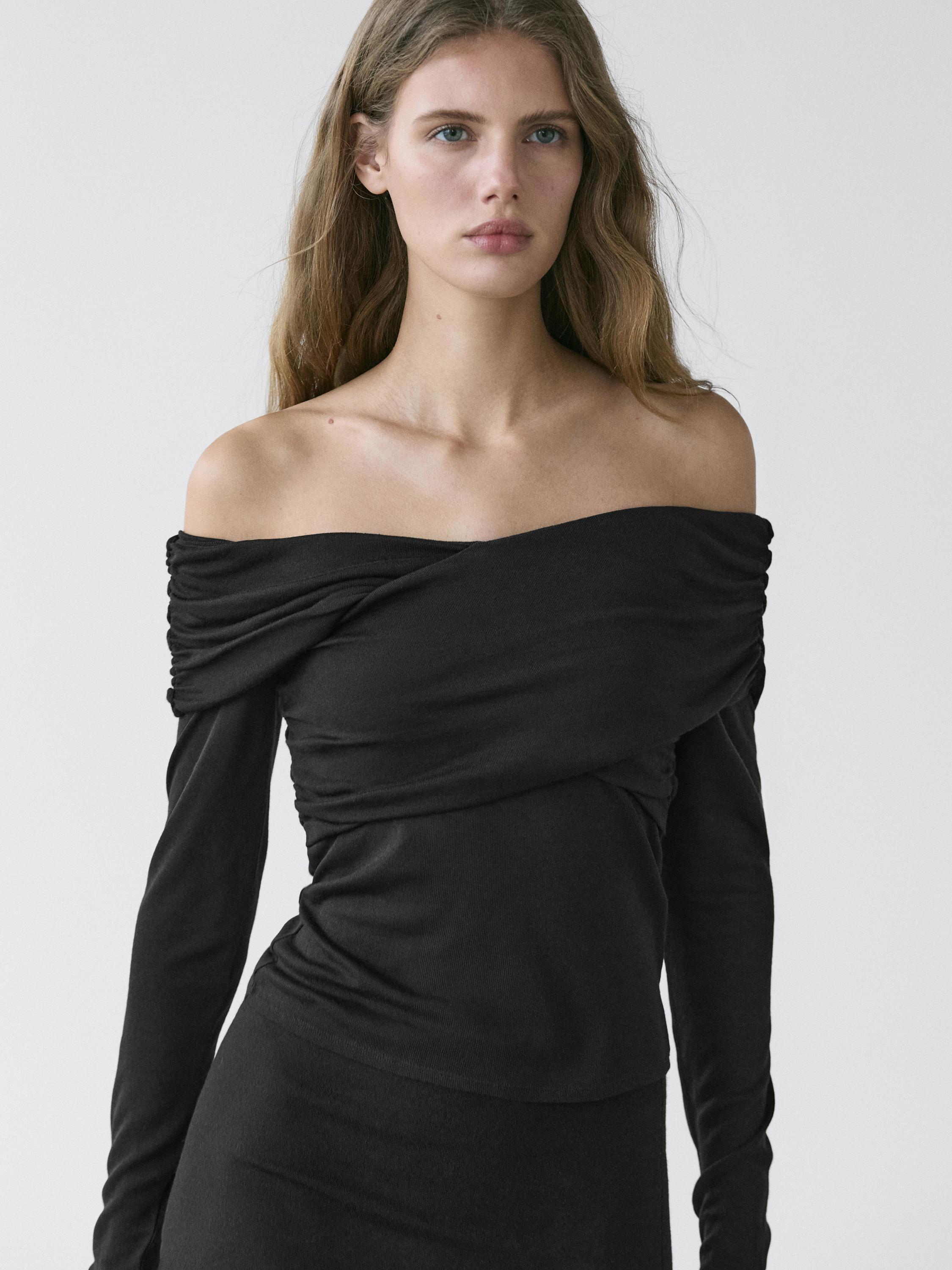 Top épaules nues en lyocell et en laine