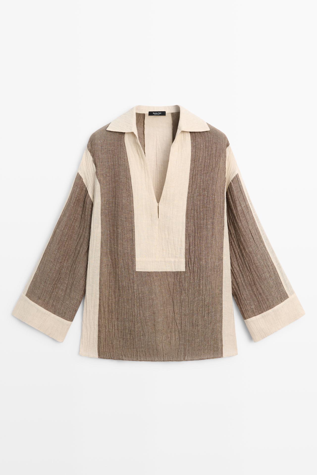 Flowing textured linen blend blouse — TAUPE GREY