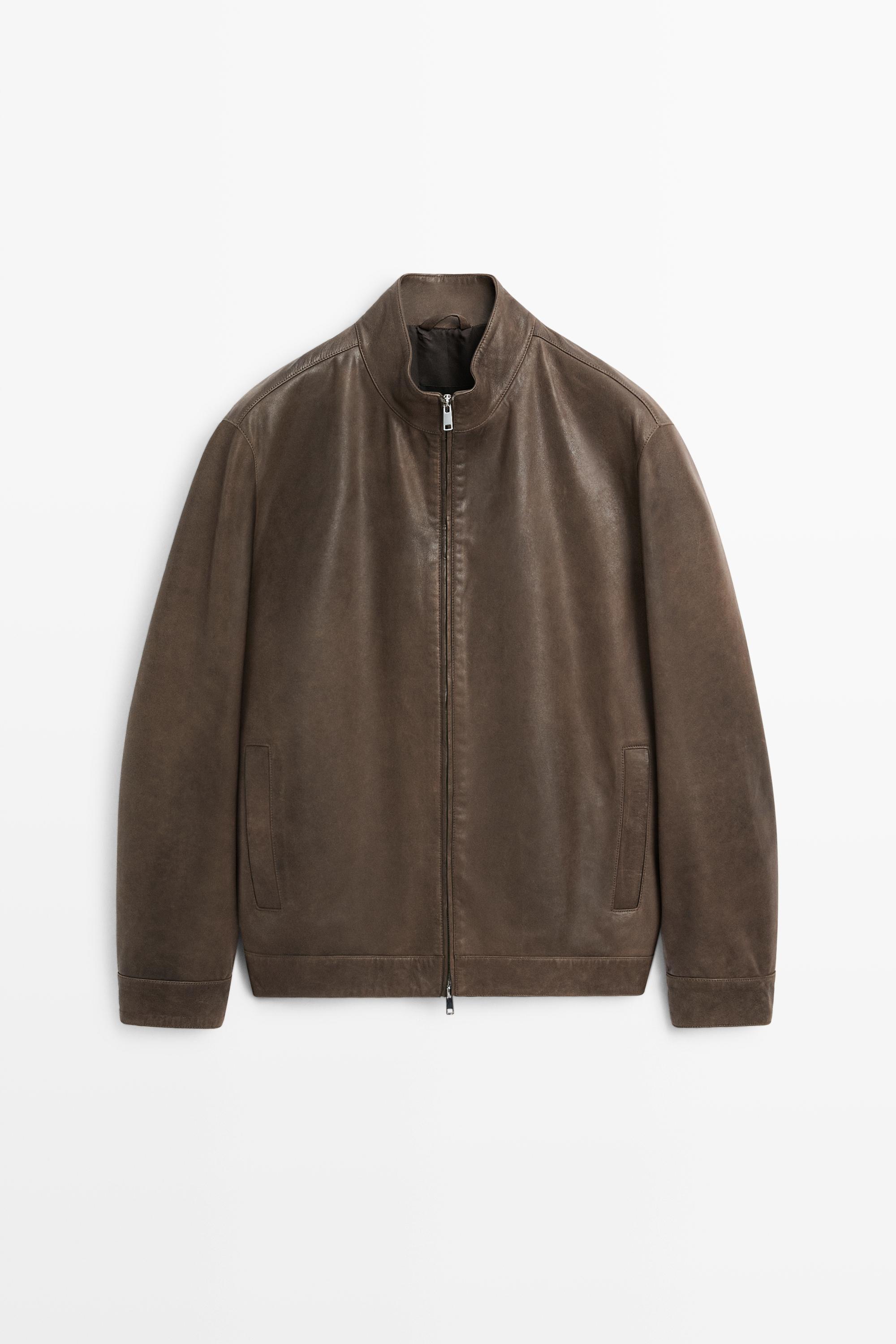 Nappa leather jacket with collar detail — Khaki