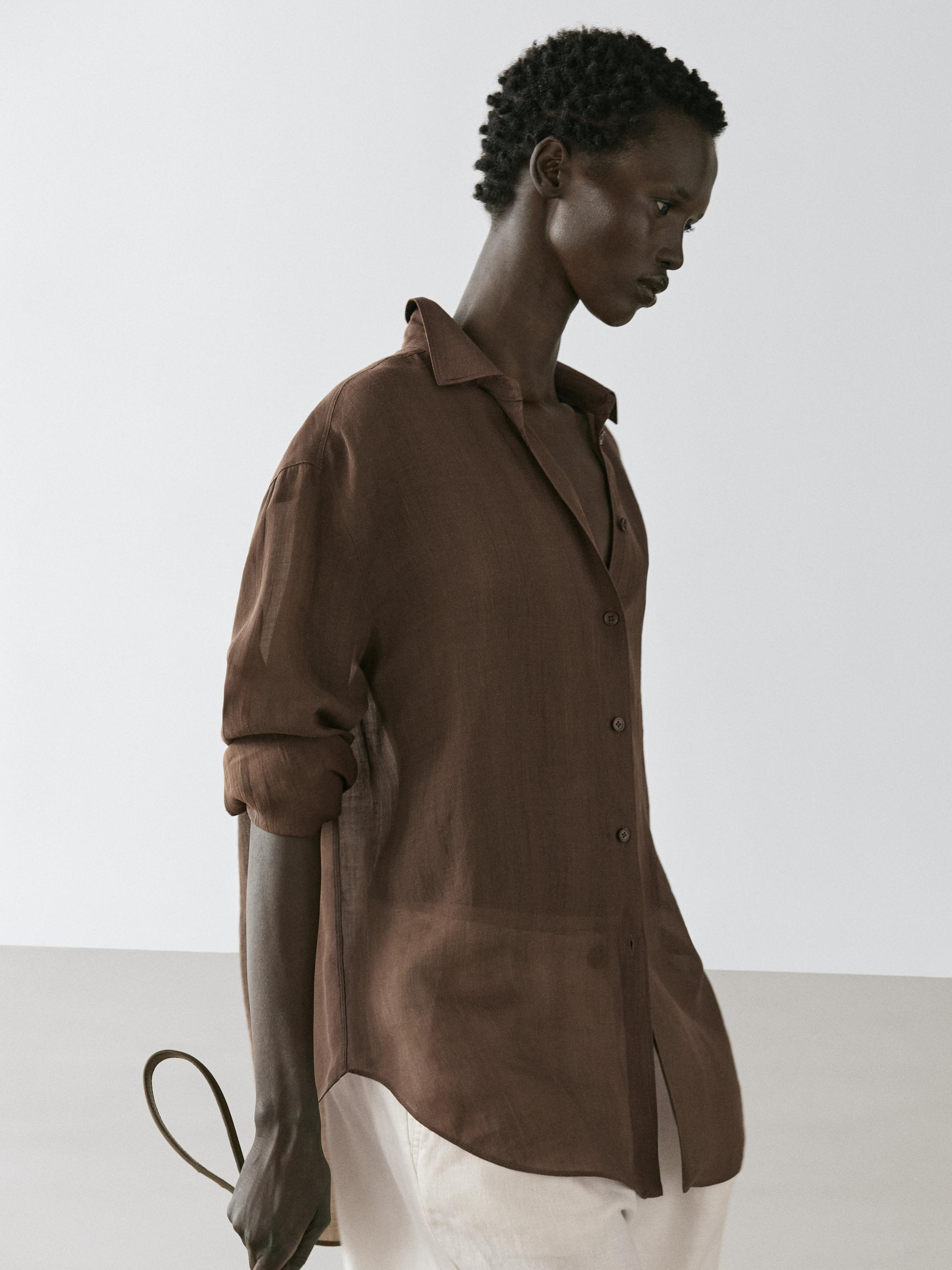 Flowing shirt with shirt collar — BROWN