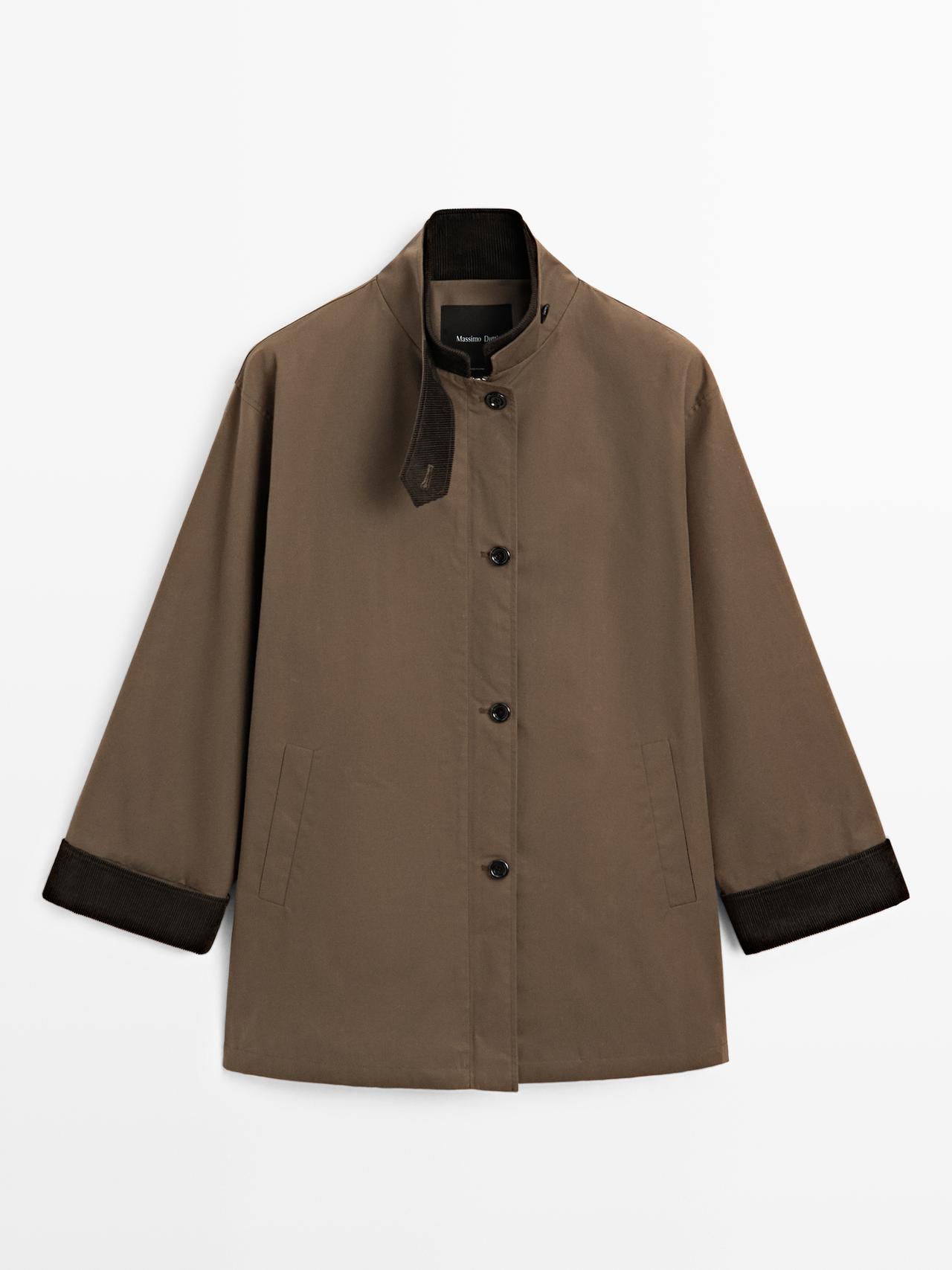 Massimo Dutti - Dames - Gewaxte Parka Met Hoge Kraag En Corduroy Detail - Kaki - S