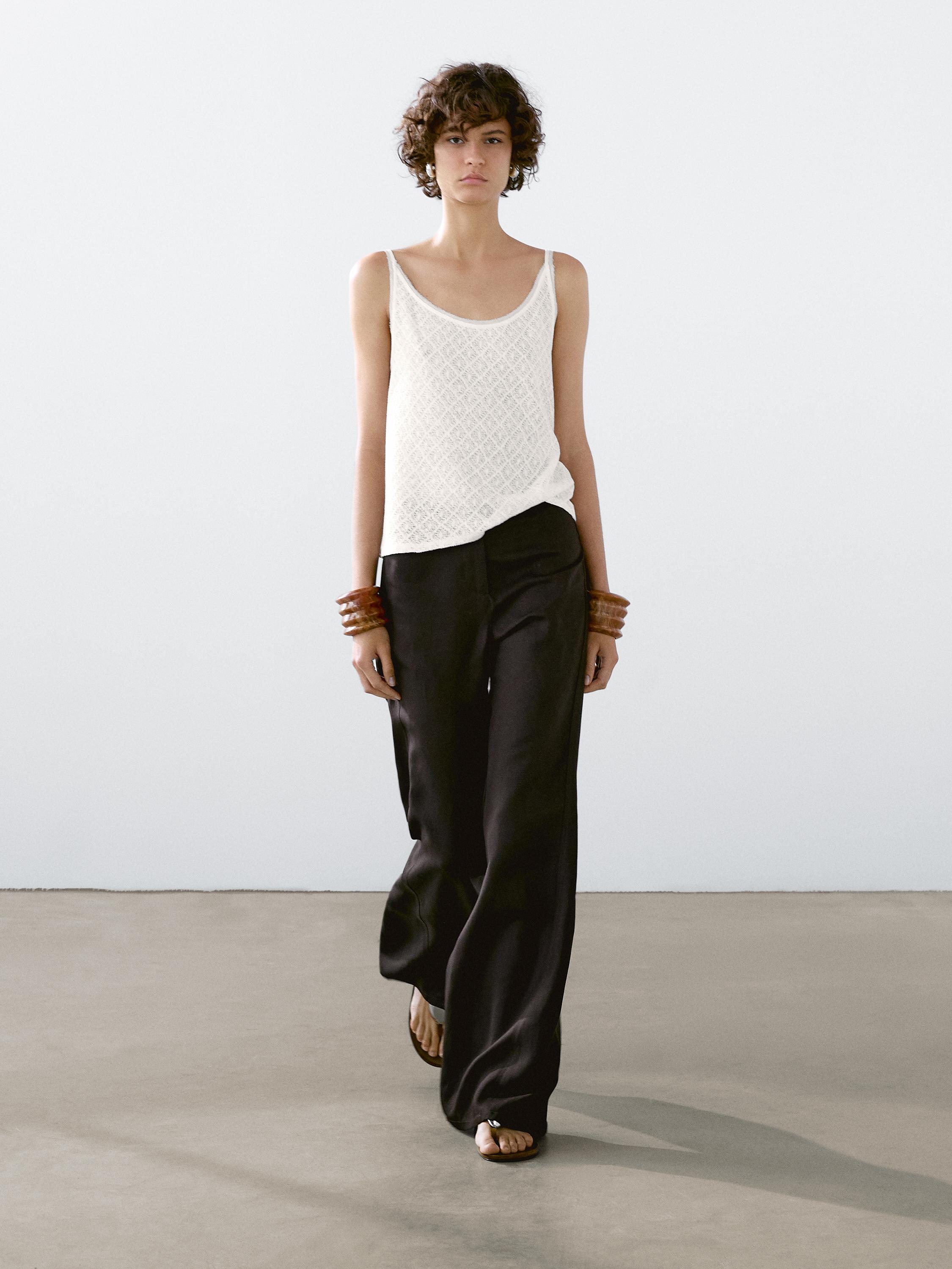 Openwork strappy linen blend top