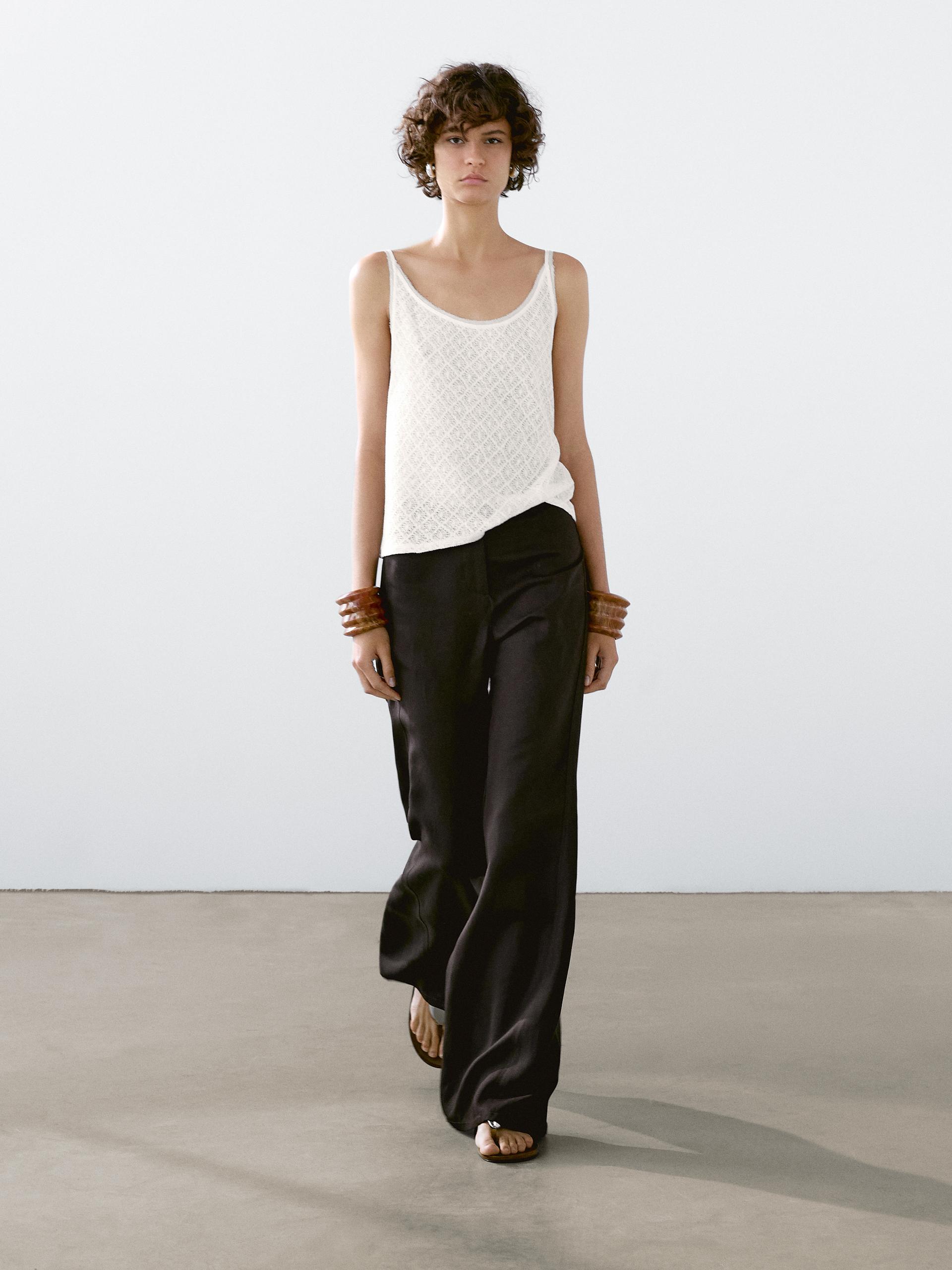 Top Con Spalline Traforato In Misto Lino - Ecru - M - Massimo Dutti - Femminile