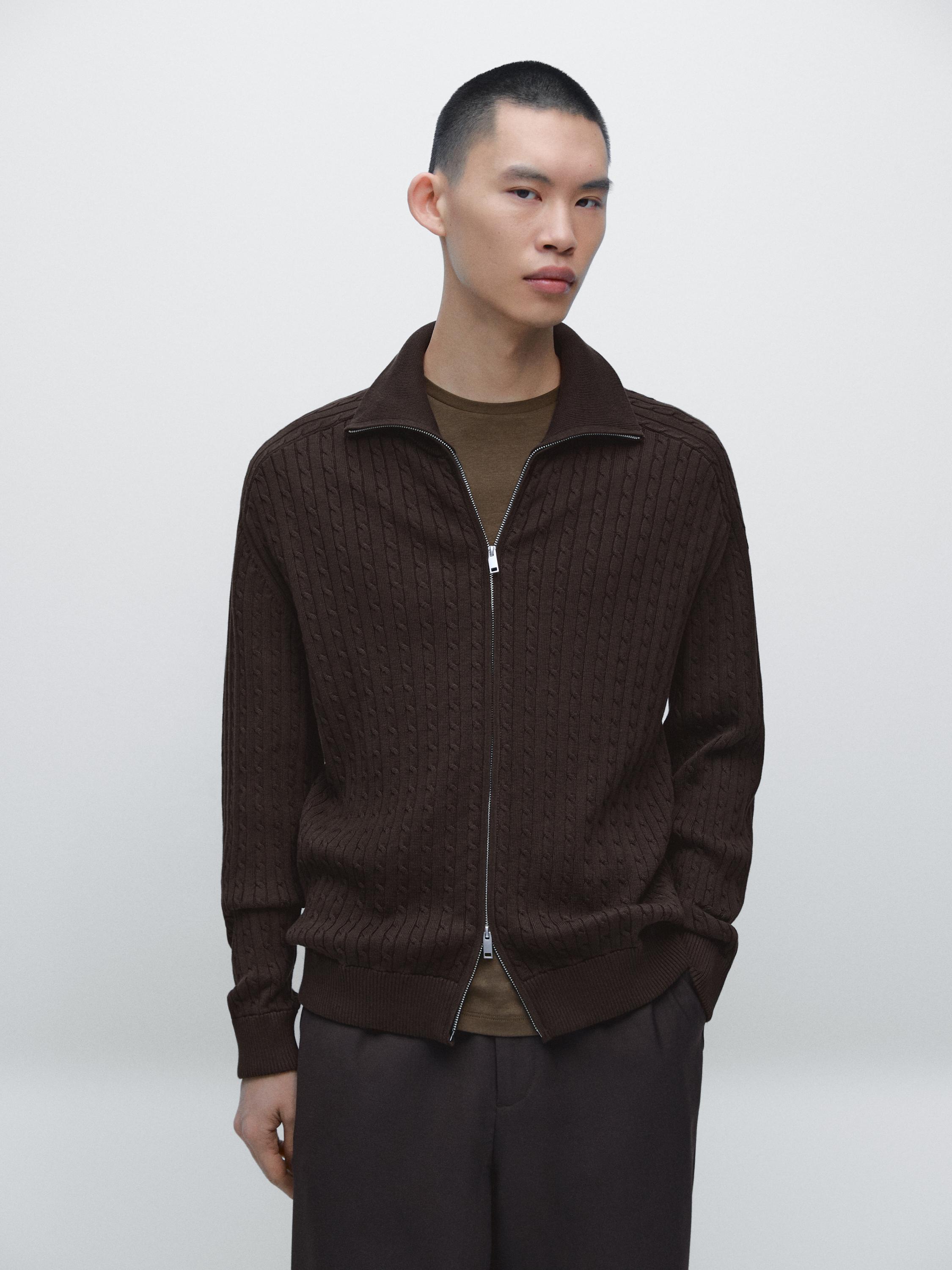 Cotton cable-knit cardigan with zip — BROWN MARL