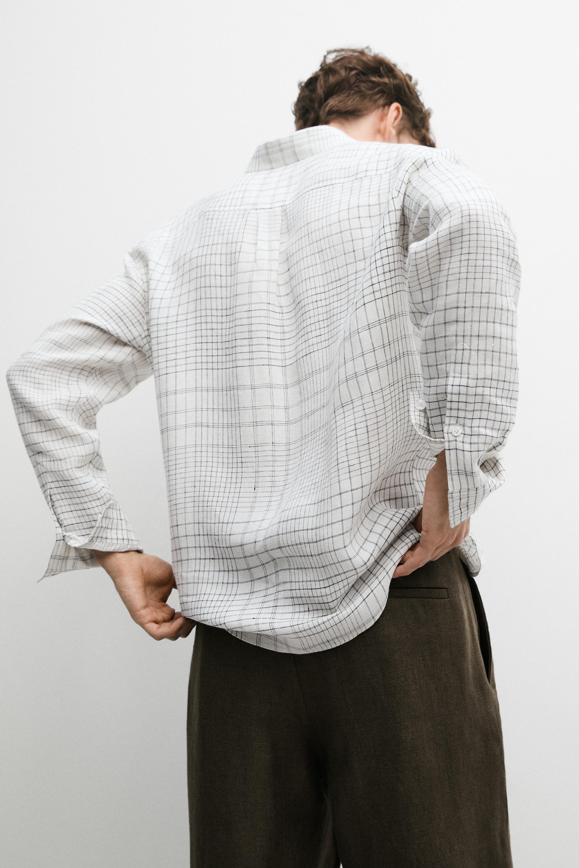 100% linen regular fit check shirt — WHITE