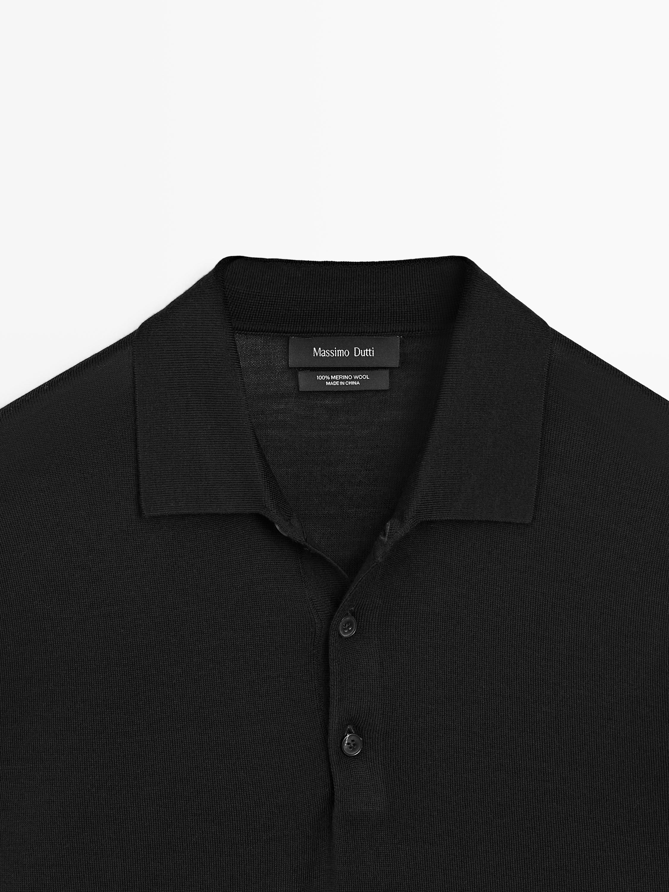 100% wool knit sweater with polo collar — BLACK