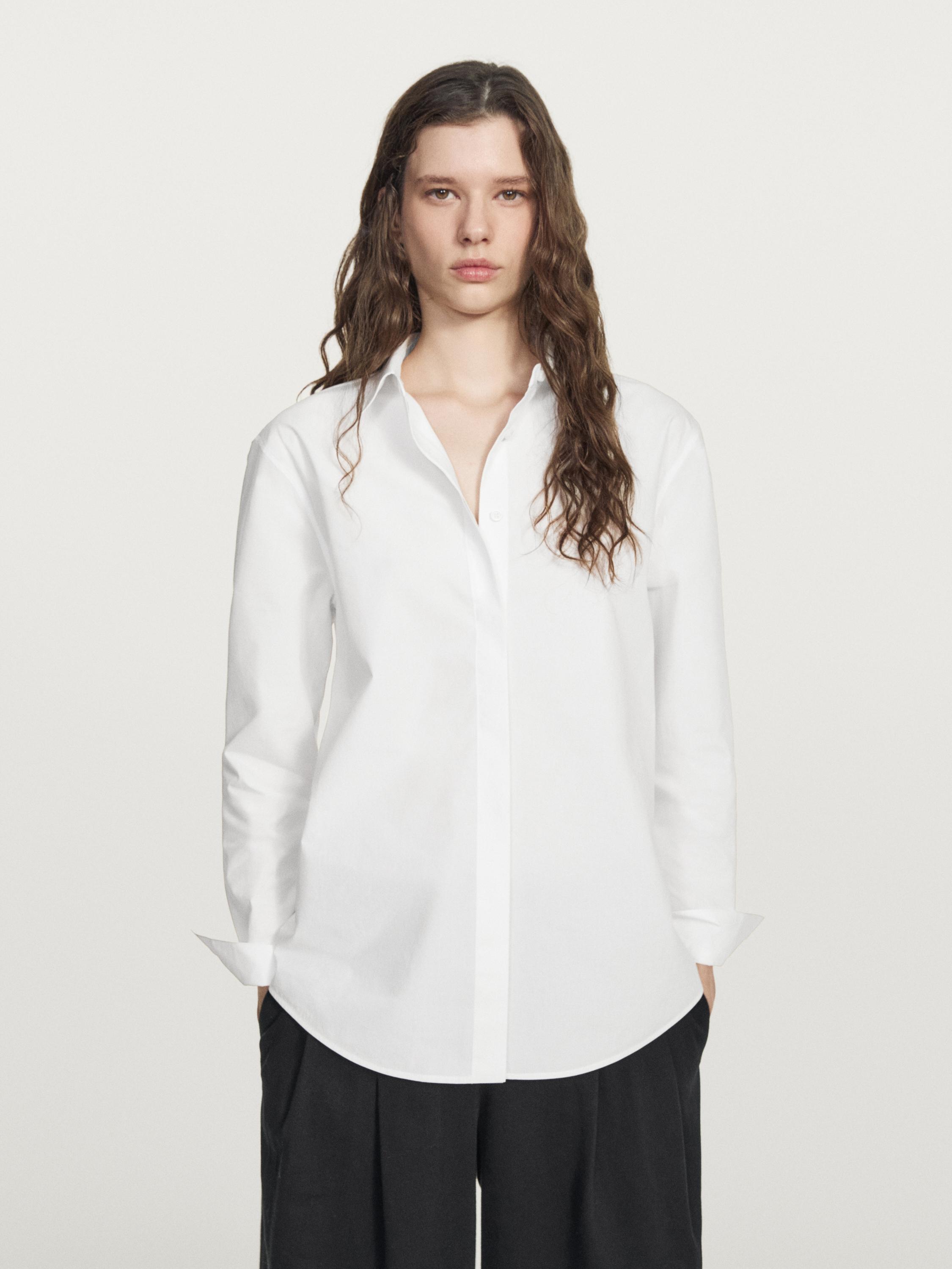 Poplin shirt with hidden buttons — WHITE