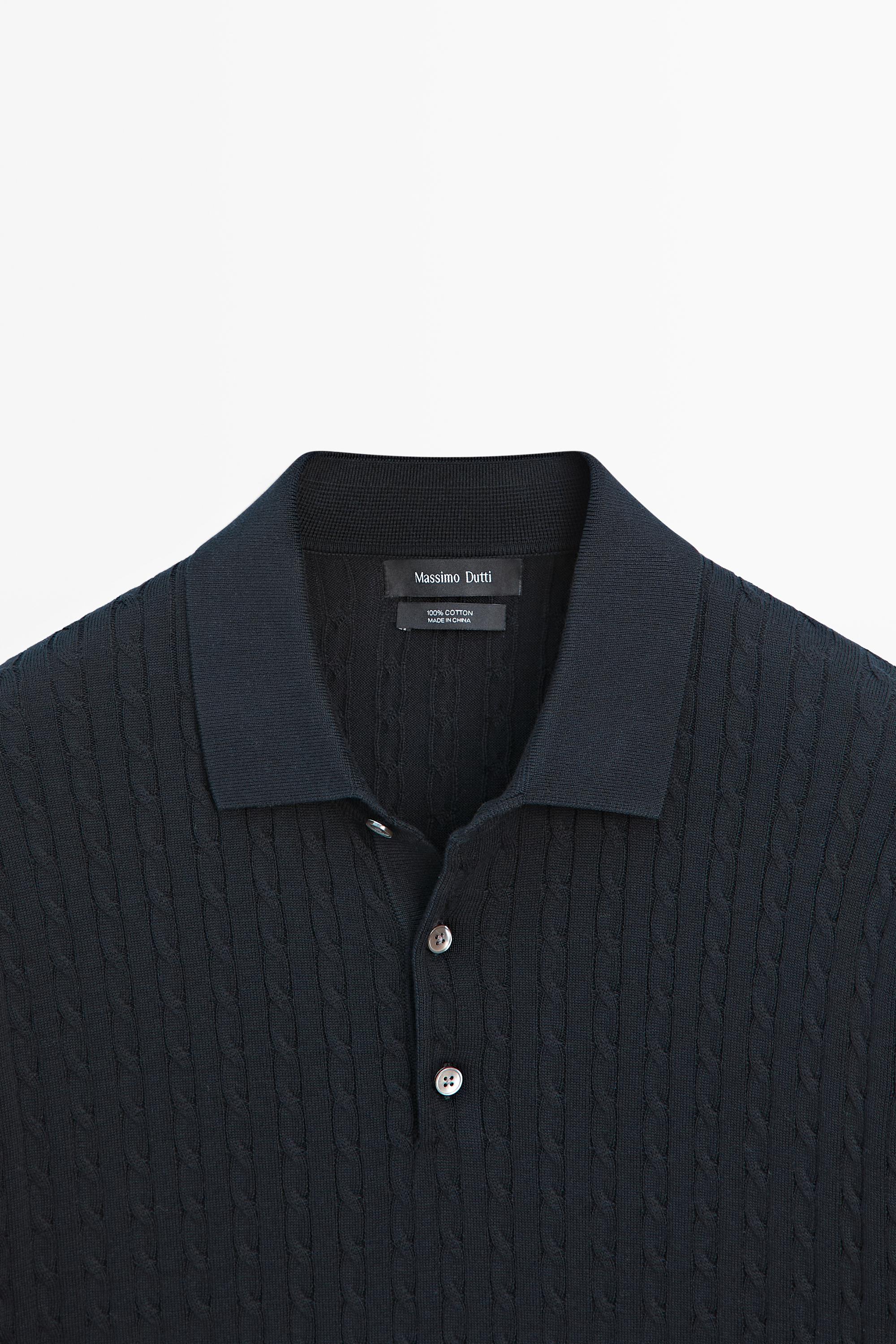 100% cotton cable-knit polo shirt — NAVY BLUE