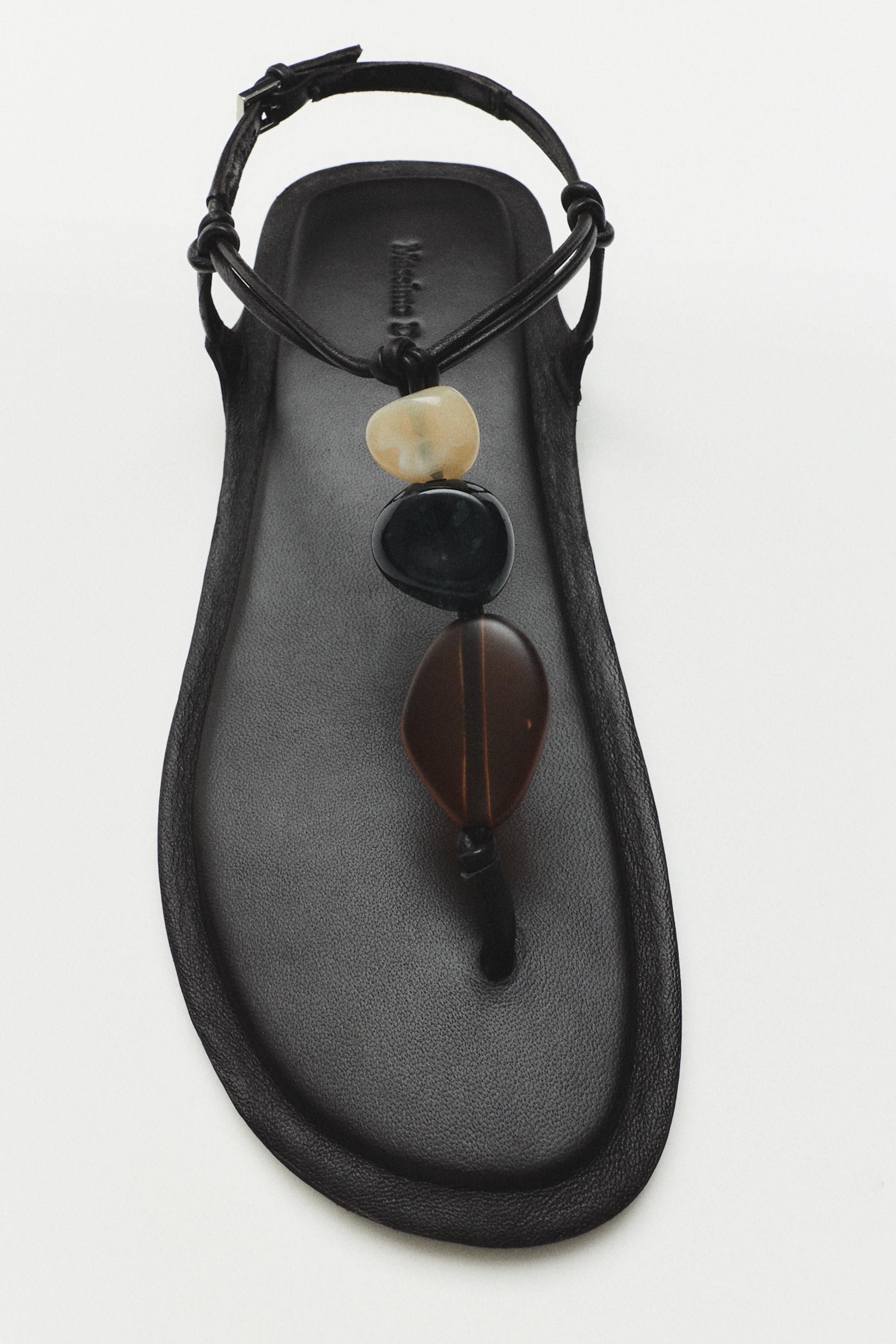 Flat slider sandals with stones — BROWN