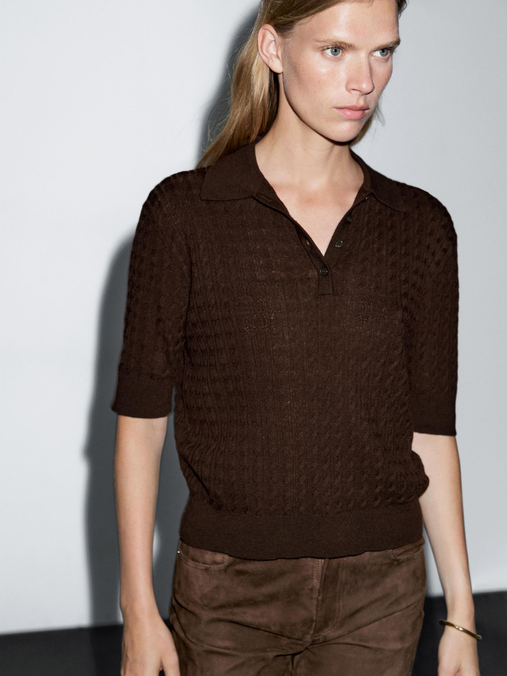 Polo Punto Trenzado Con Lana - Chocolate - L - Massimo Dutti - Mujer