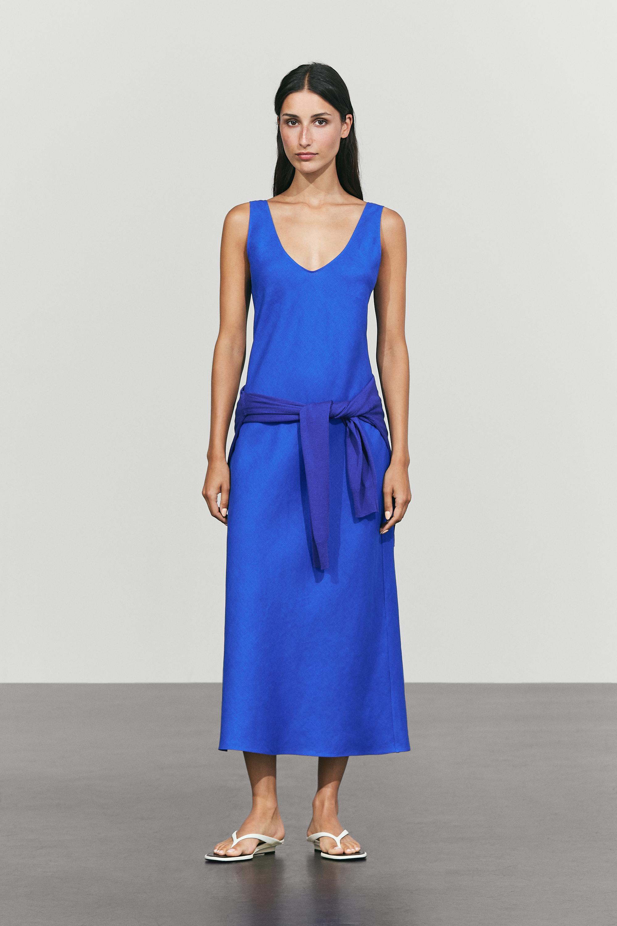 100% linen strap midi dress — Electric blue