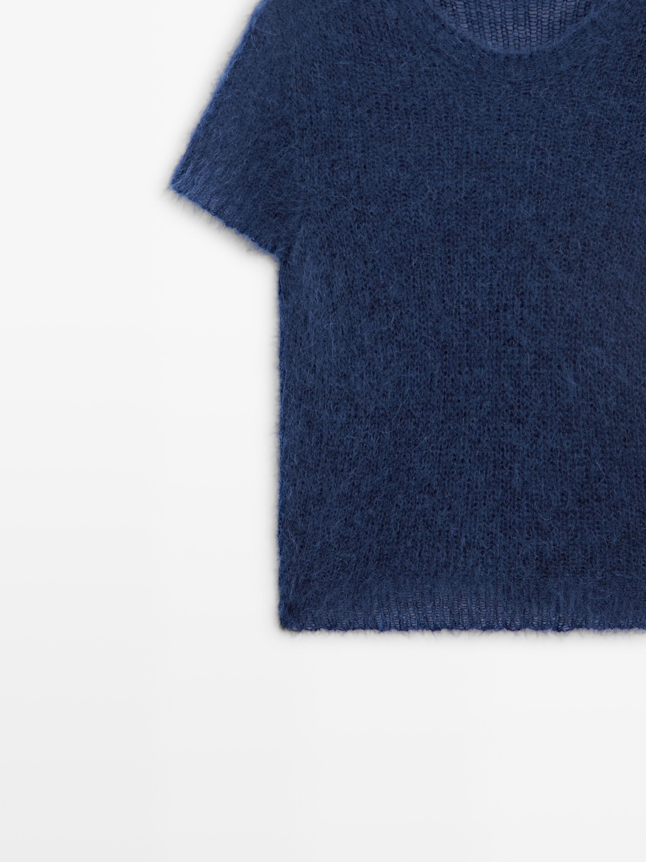 Short sleeve knit alpaca blend sweater — Dark Blue