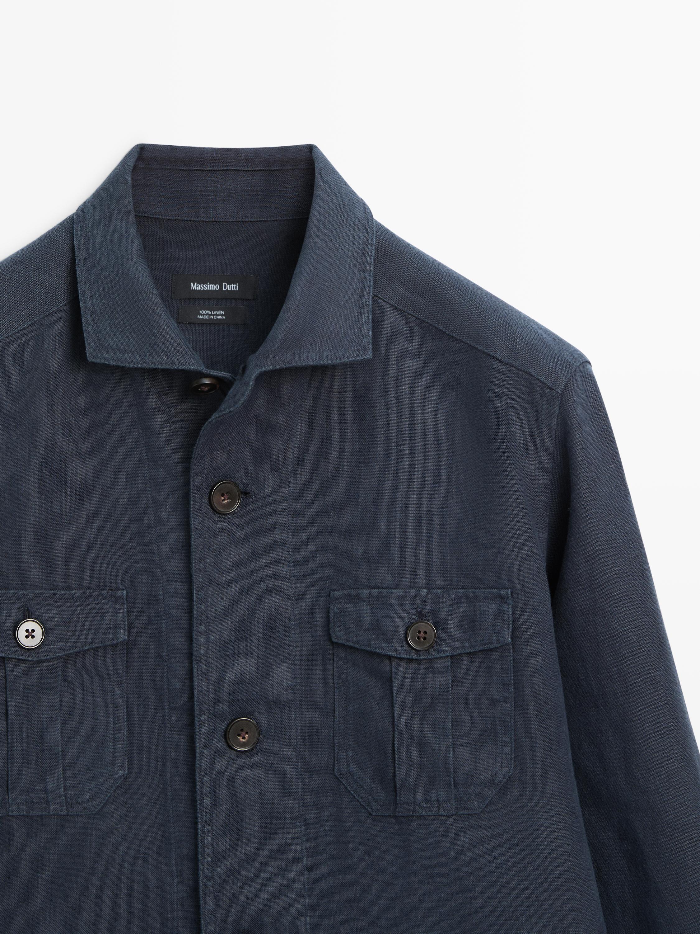 Heavy linen overshirt with pocket details — NAVY BLUE